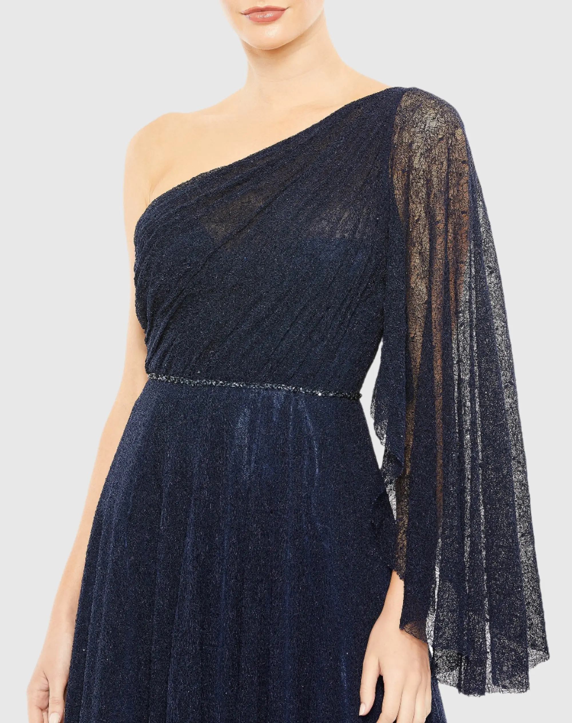 Navy Lace One Shoulder Illusion Sleeve A Line Gown