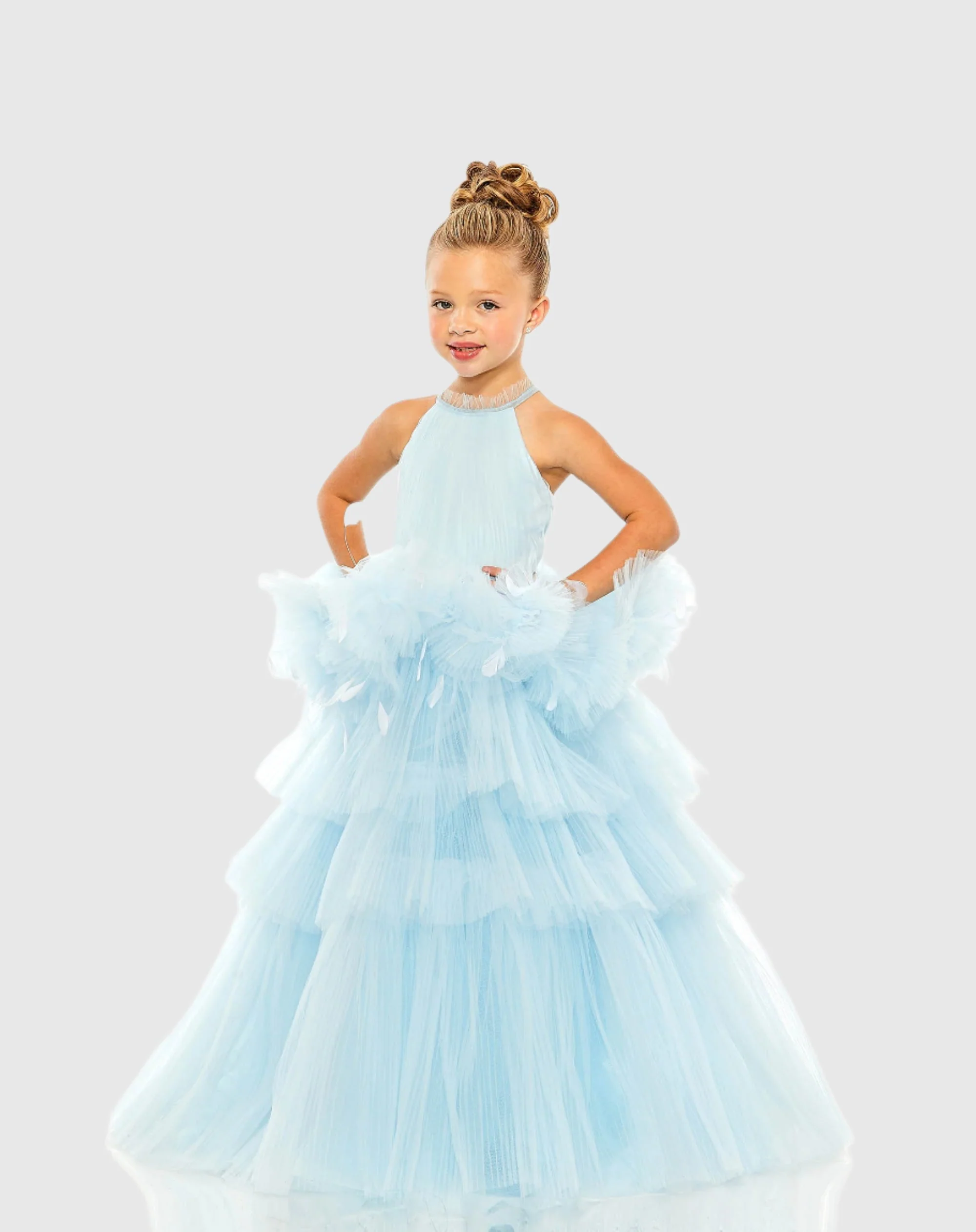 Girls High Neck Tulle Dress with Feather Detail