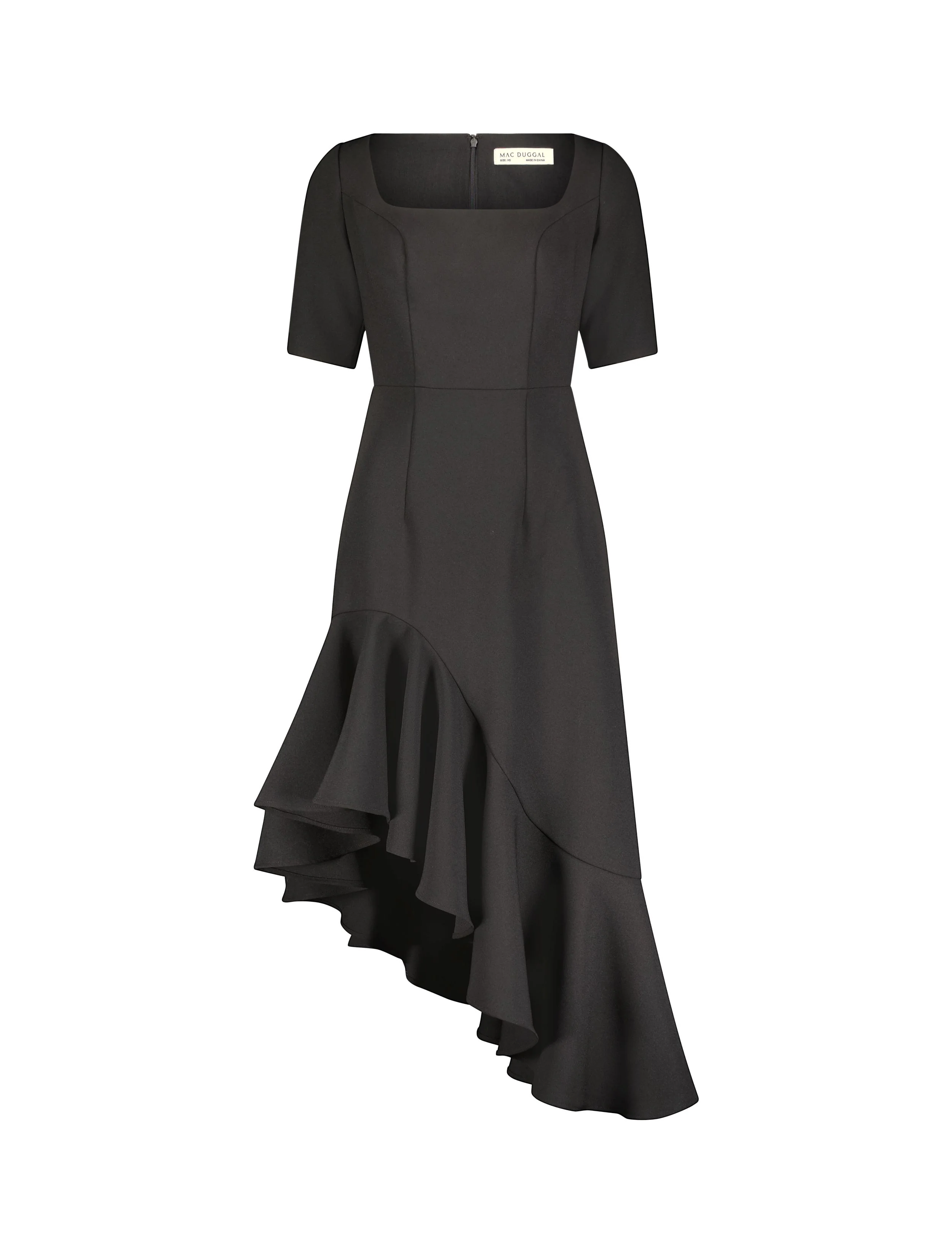 Black Crepe 3/4 Sleeve Asymmetrical Hem Dress