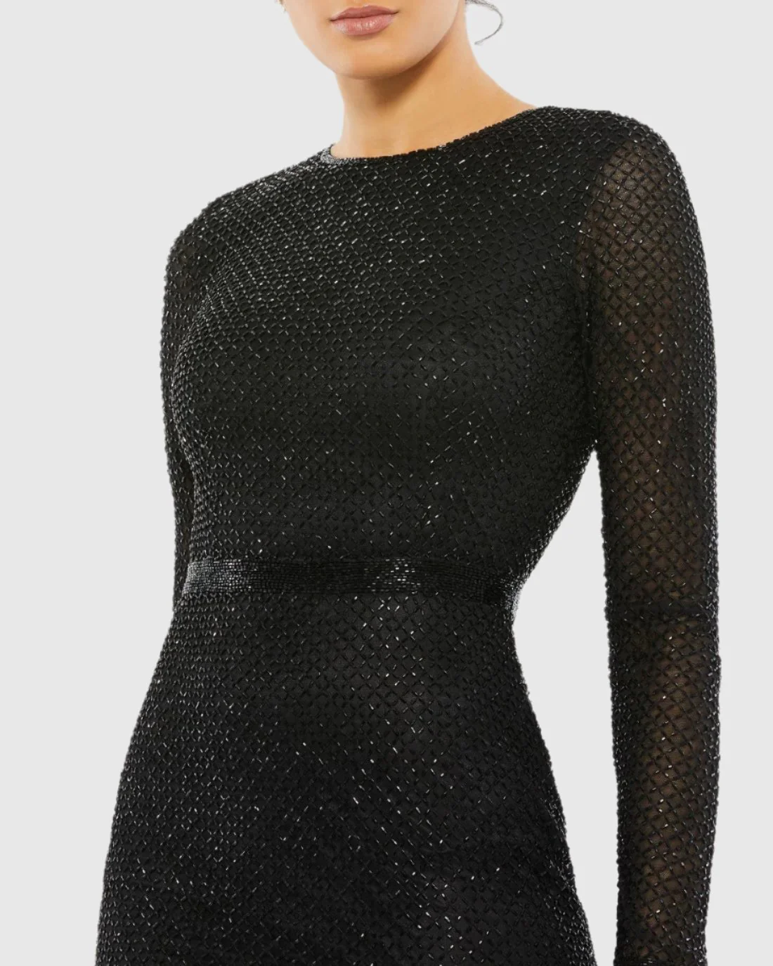 Black Beaded High Neck Long Sleeve Gown With Detailed Belt