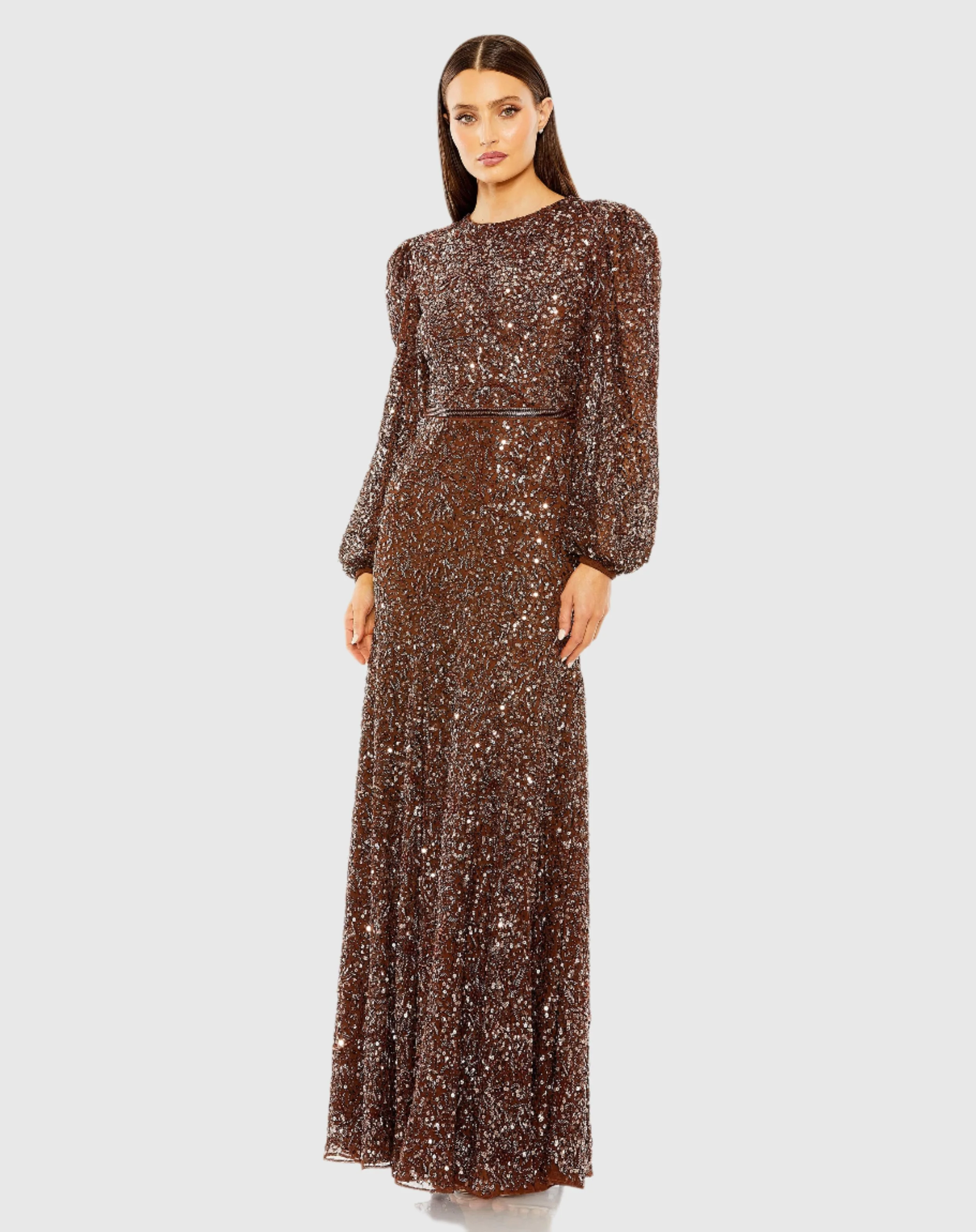 Brown Sheer Long Sleeve Beaded Gown