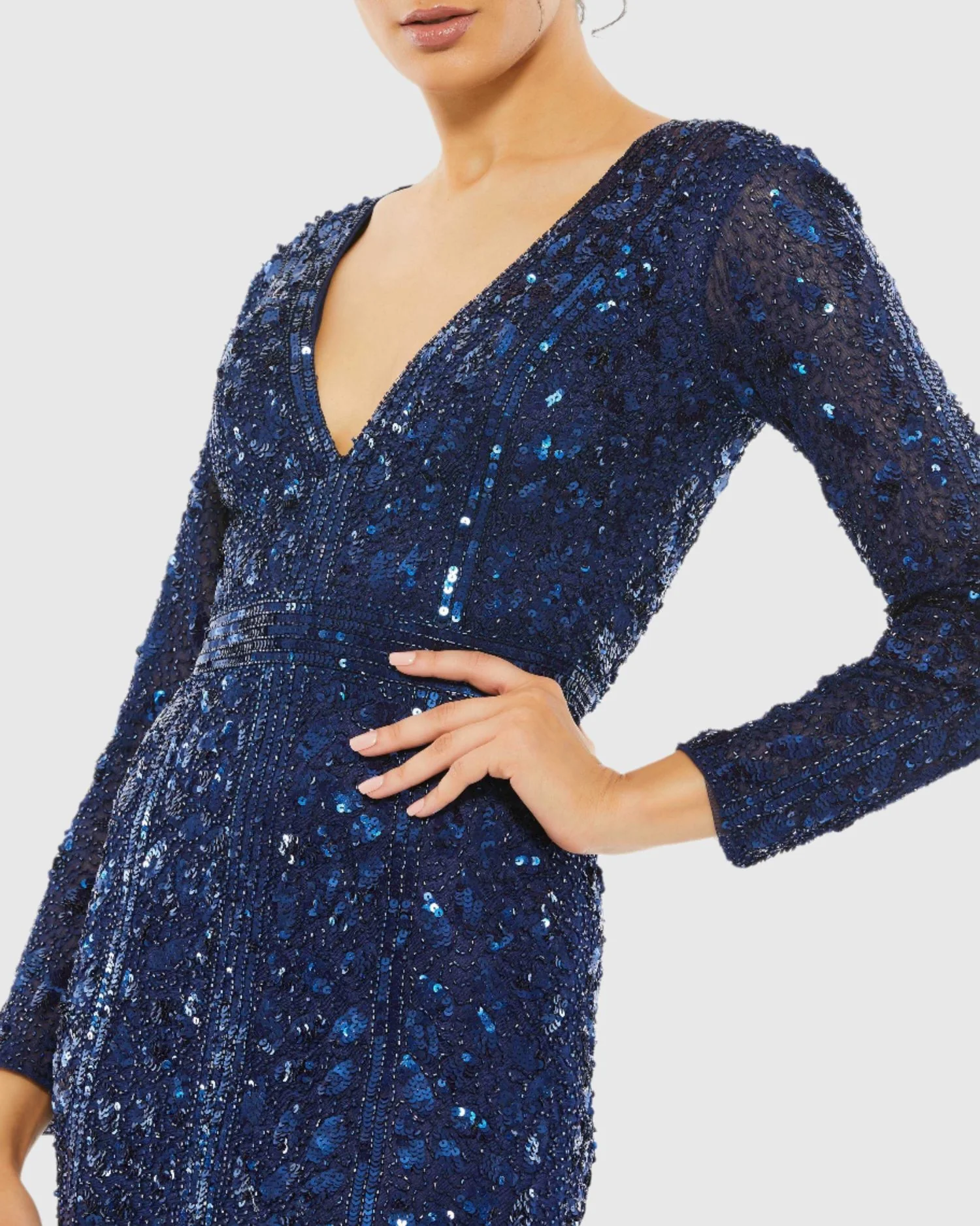 Navy Embellished Front Slit Long Sleeve Gown
