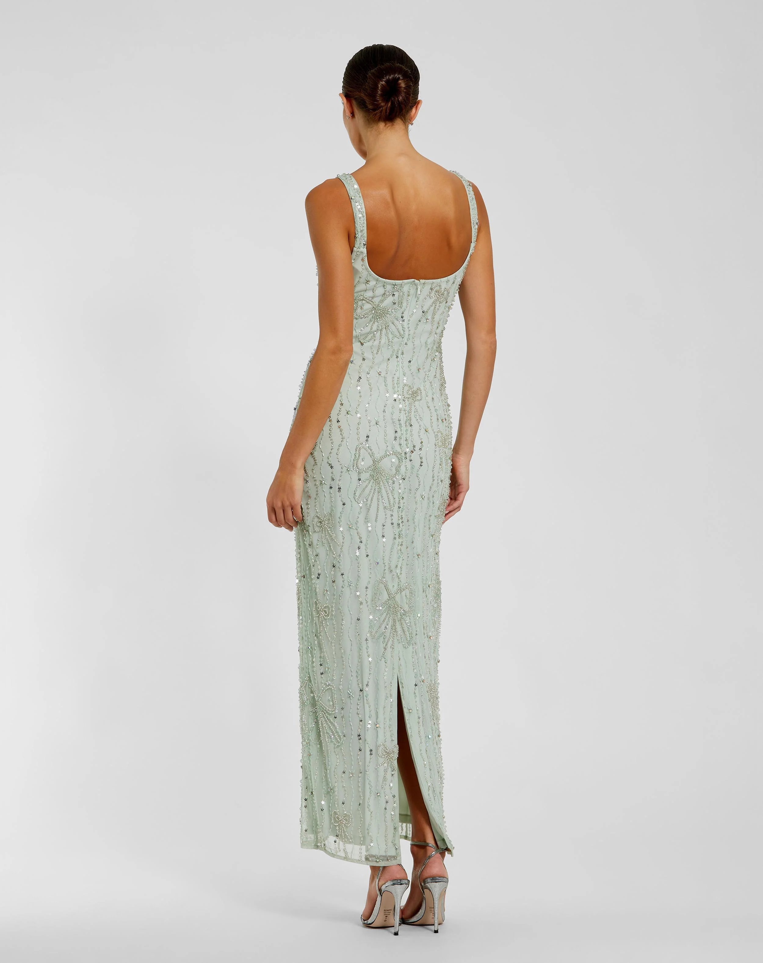 Green Beaded Mesh Scoop Neck Fitted Gown With Bows