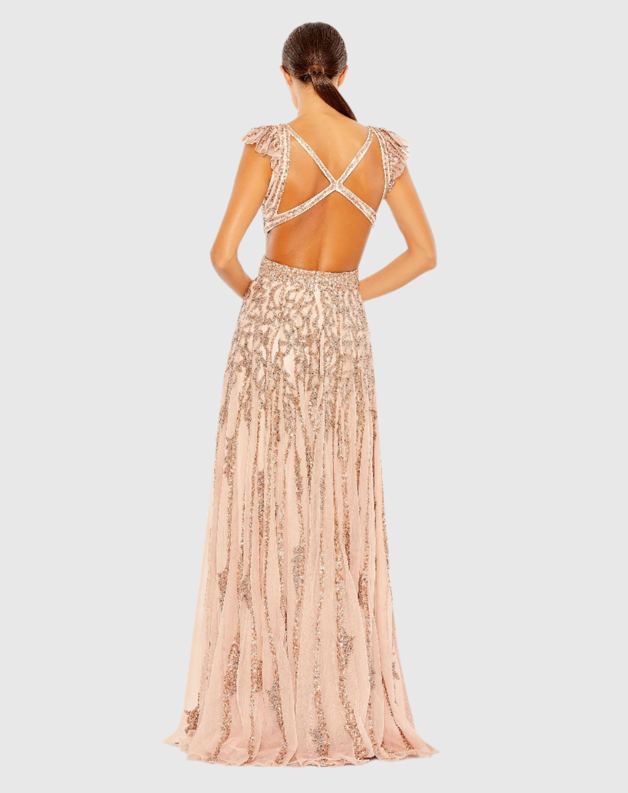 Sequined Flutter Cap Sleeve Cut Out A Line Gown