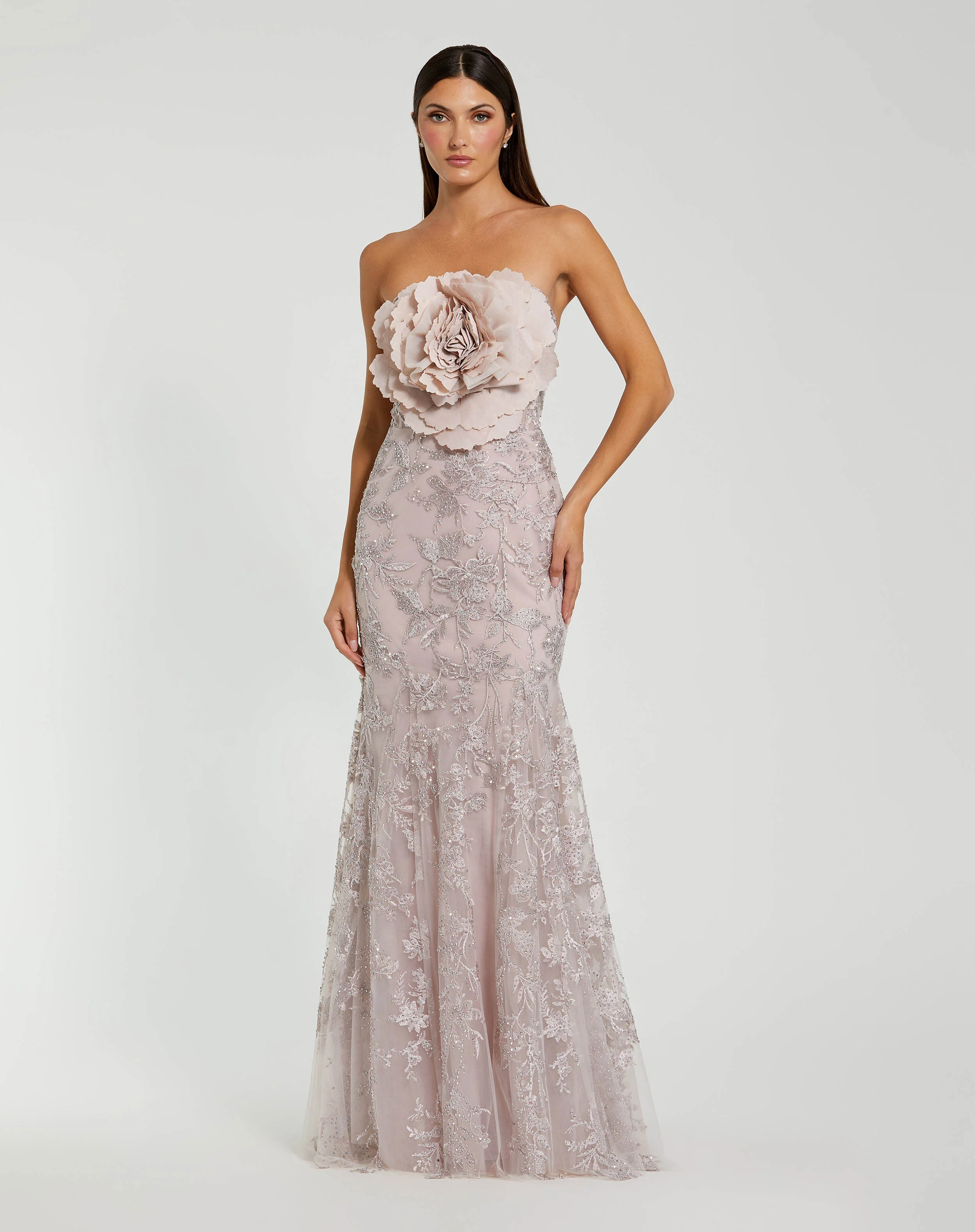 Pink Strapless Beaded Applique Mermaid Gown With Flower