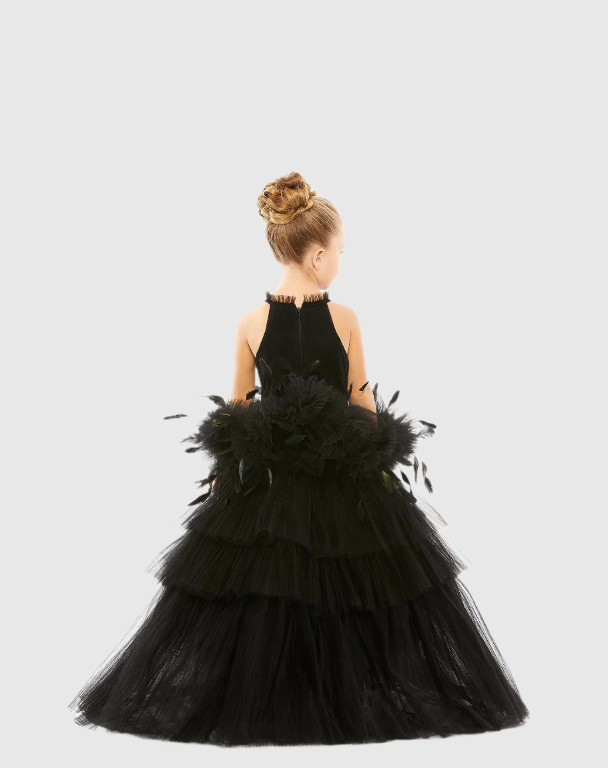 Girls High Neck Tulle Dress with Feather Detail