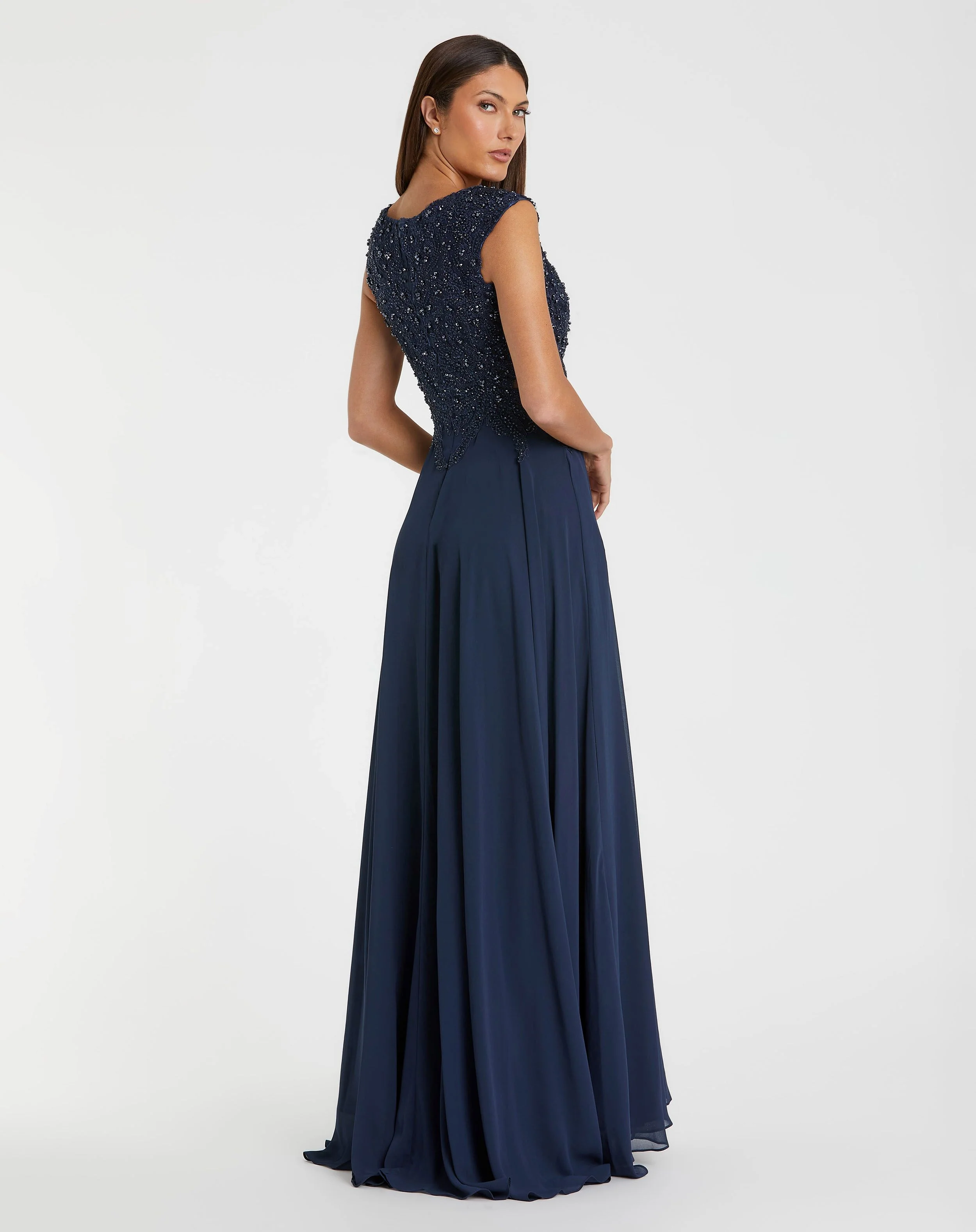 Navy Applique Cap Sleeve Bodice Flowy Gown