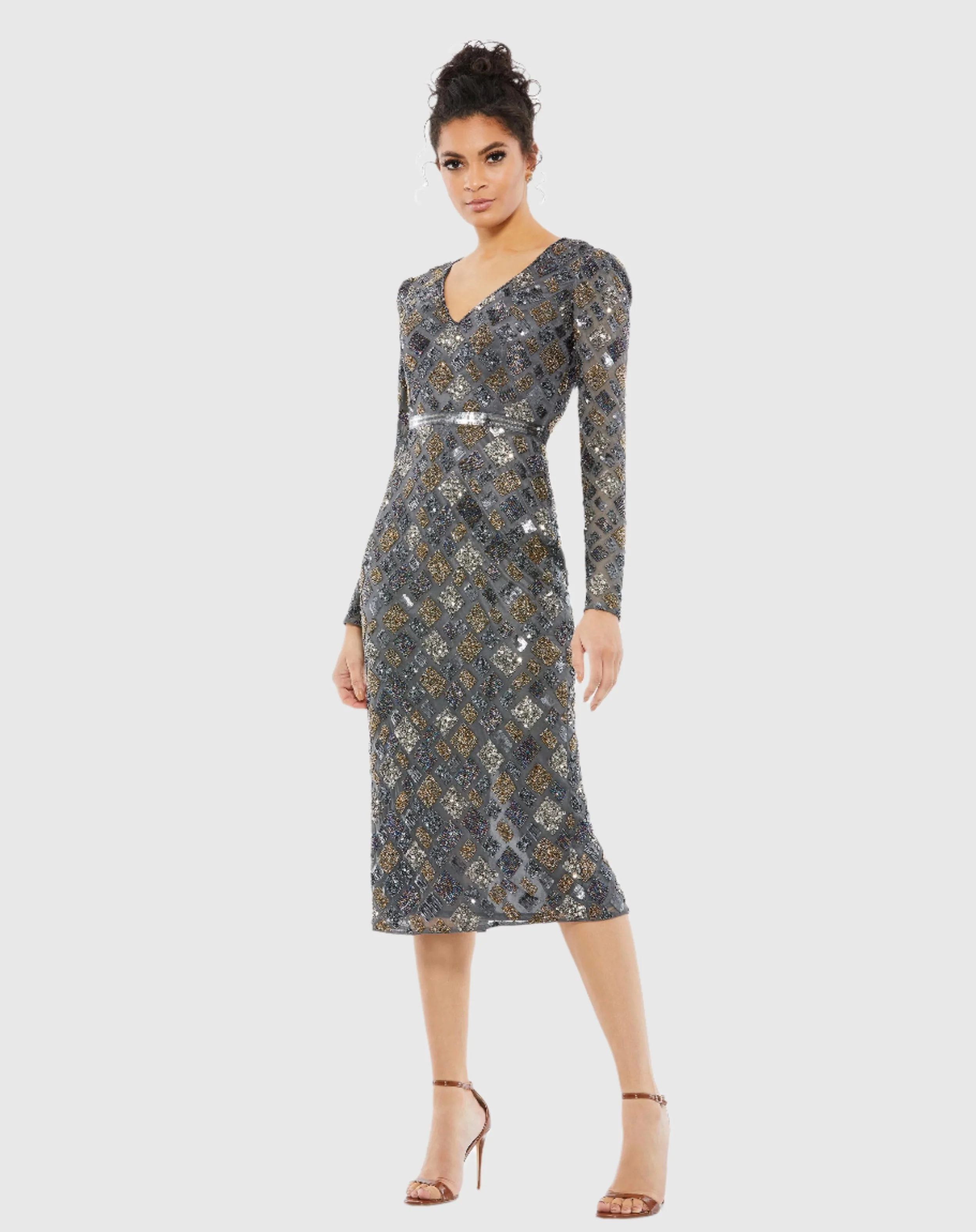 Long Sleeve Geometric Sequin Midi Dress - FINAL SALE