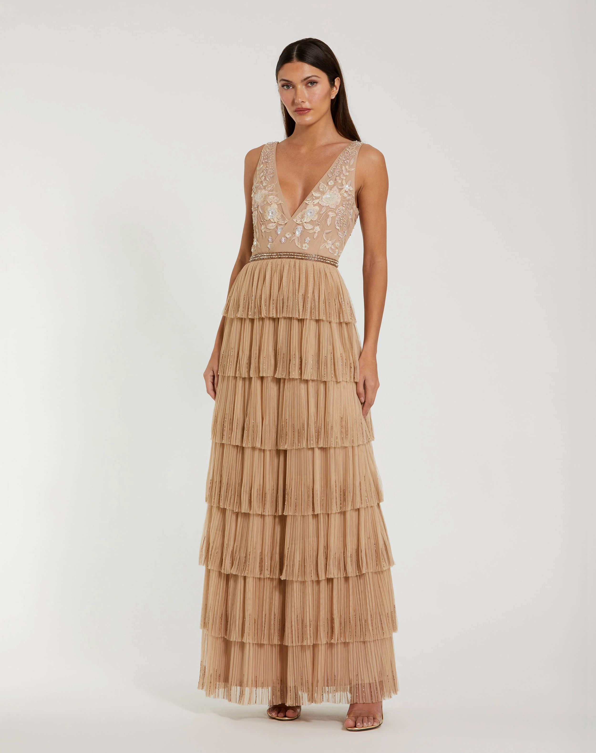 Beige Beaded Mesh V Neck Gown With Tiered Ruffles