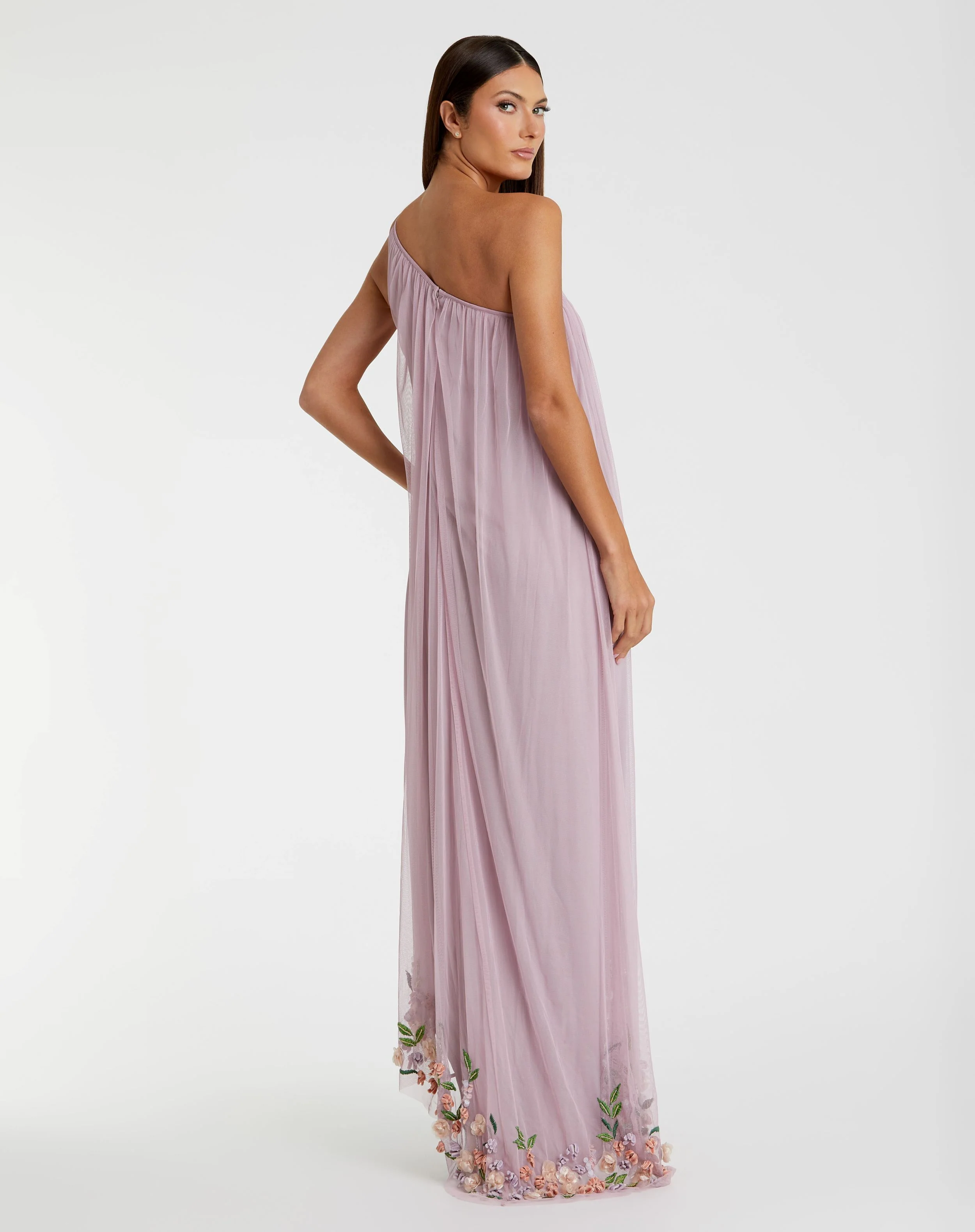 Purple One Shoulder Trapeze Embellished High Low Gown