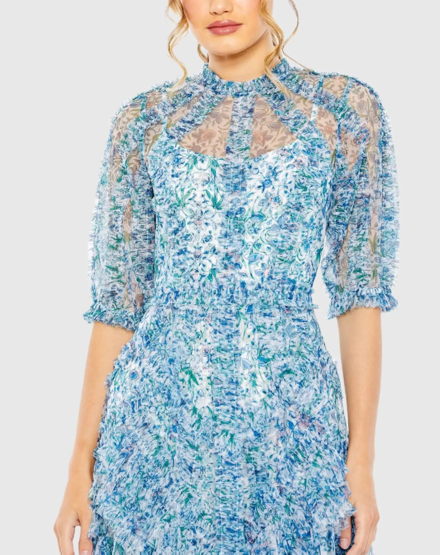 Blue Mesh Puff Sleeve Floral Print Dress