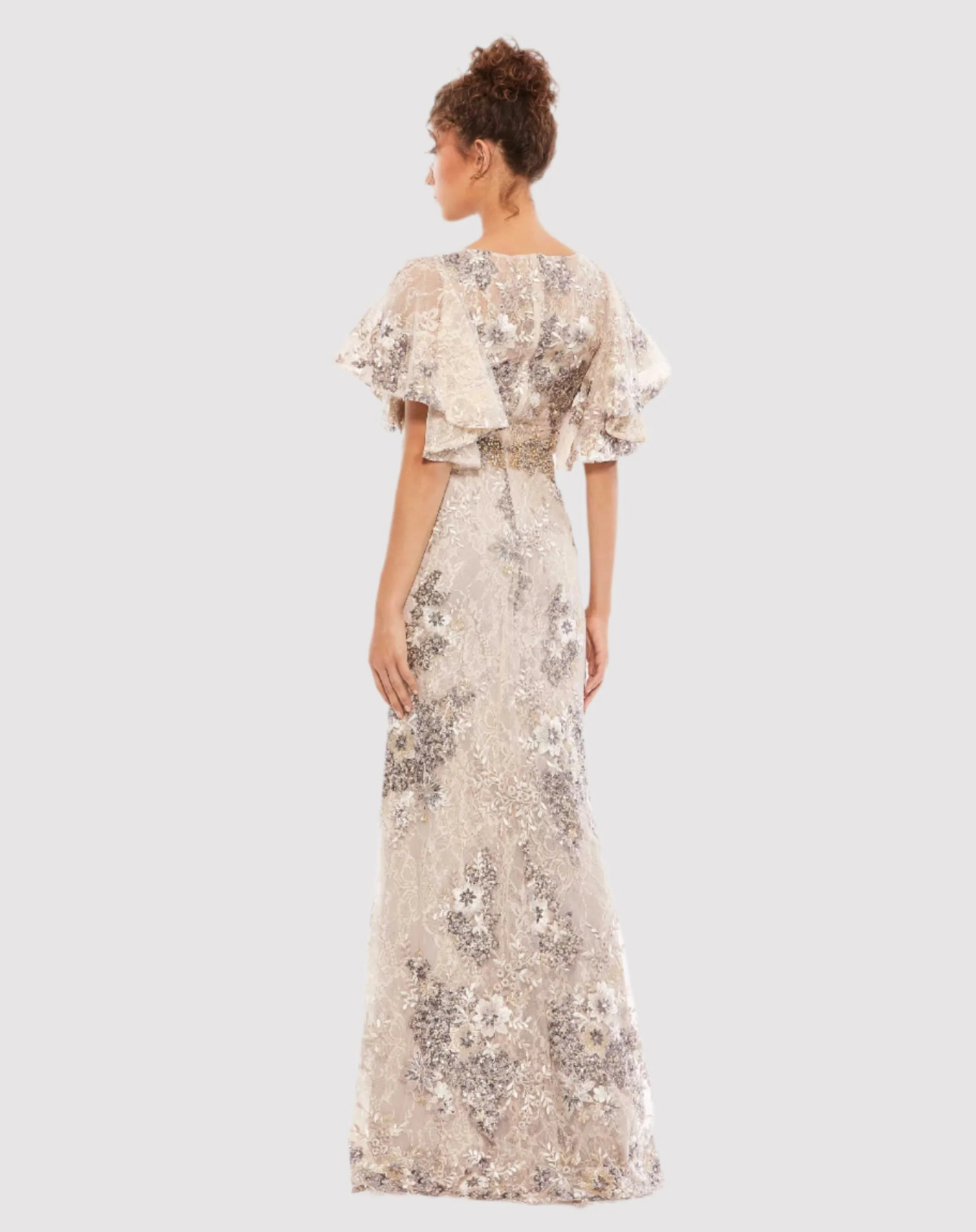 Beige Bell Sleeve Floral Embellished Gown