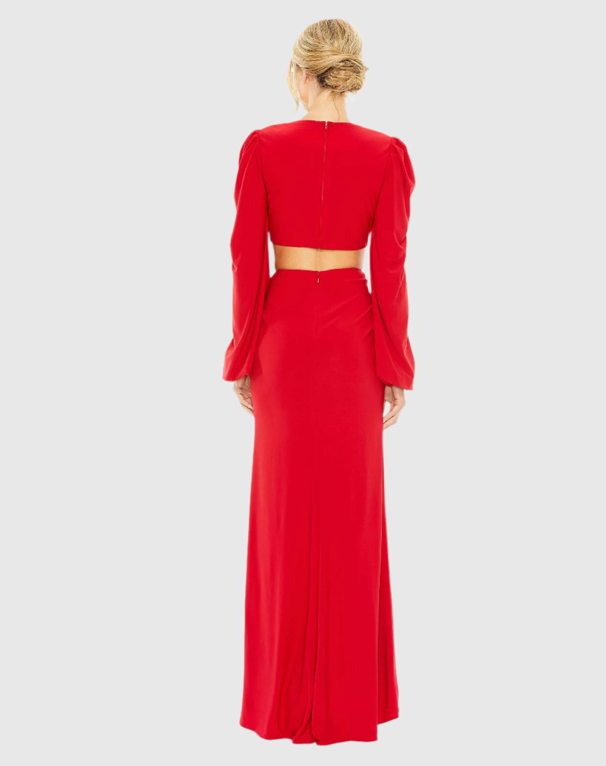 Red Jersey Puff Sleeve Cut Out Column Gown - FINAL SALE