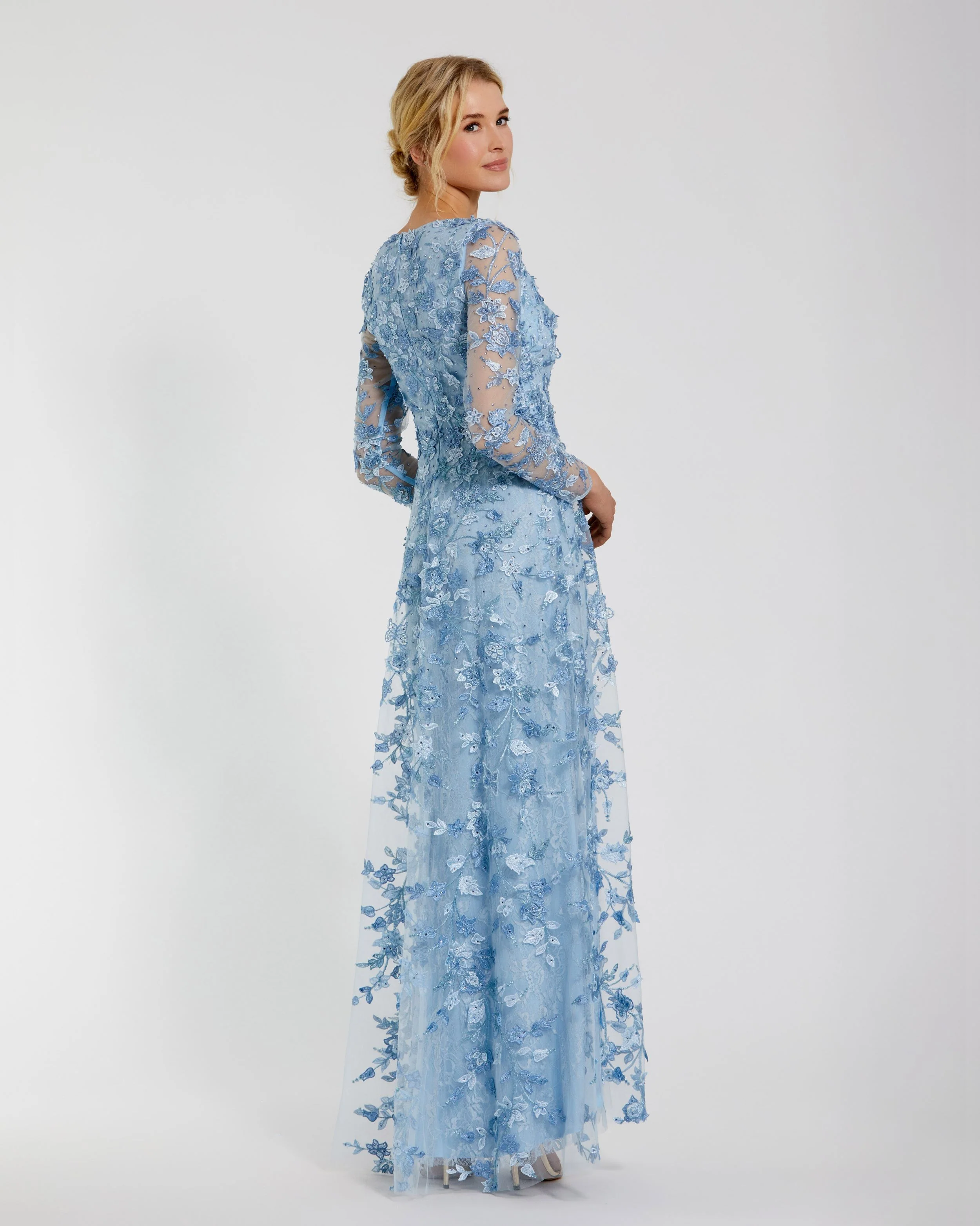 Blue Floral Applique Long Sleeve Illusion Gown