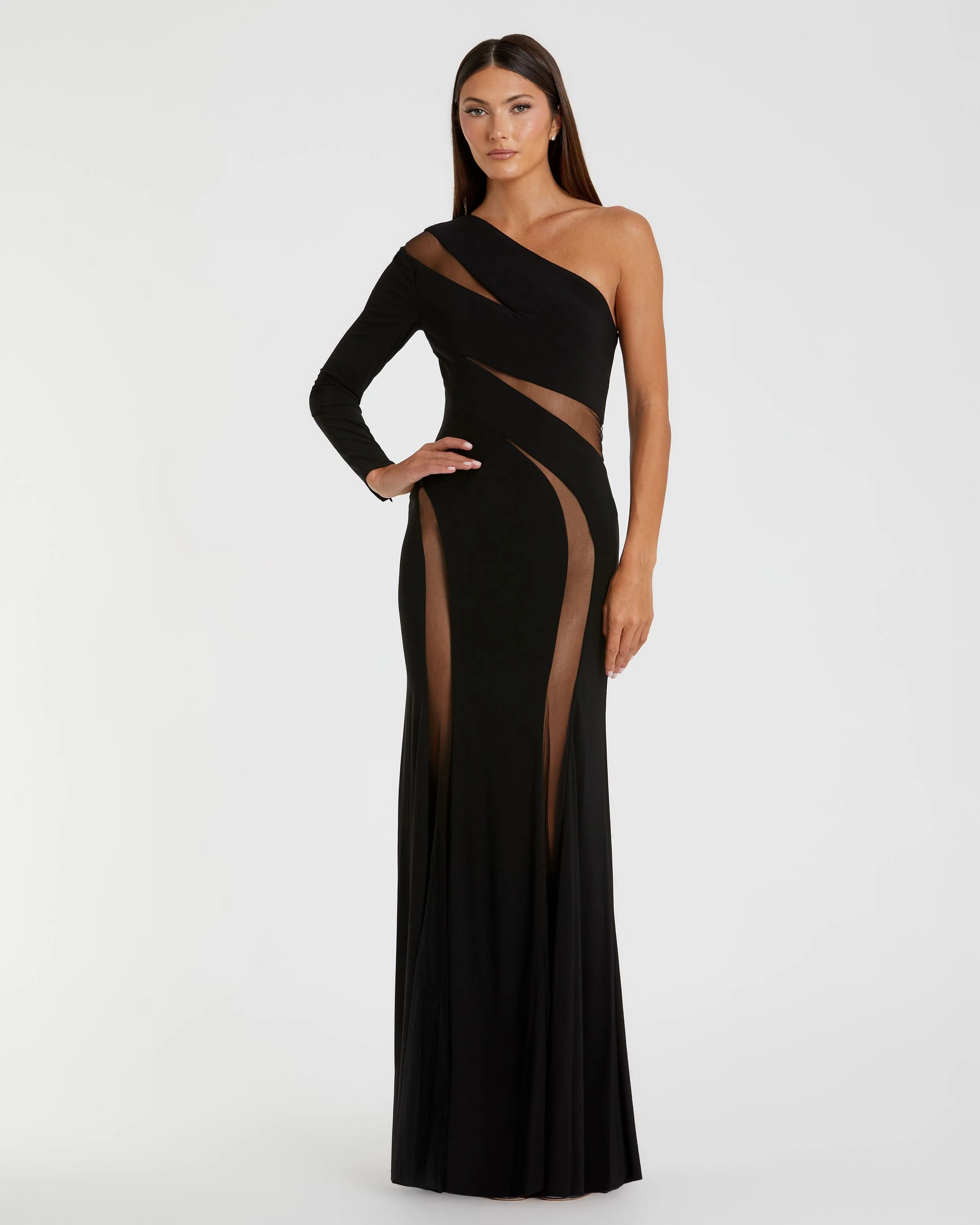 Black Jersey One Shoulder Illusion Cut Out Gown