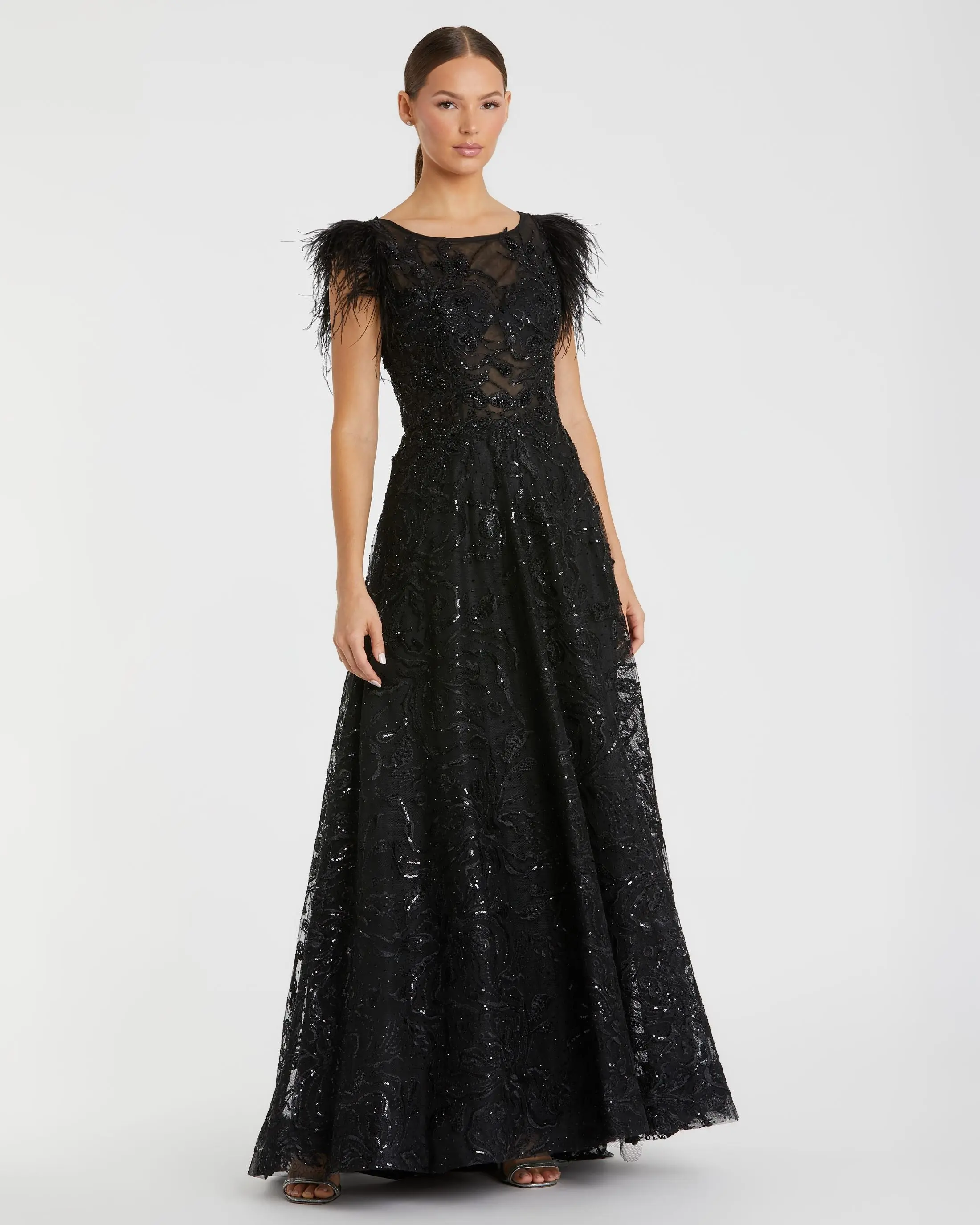 Black Embellished Feather Cap Sleeve Bateau A Line Gown