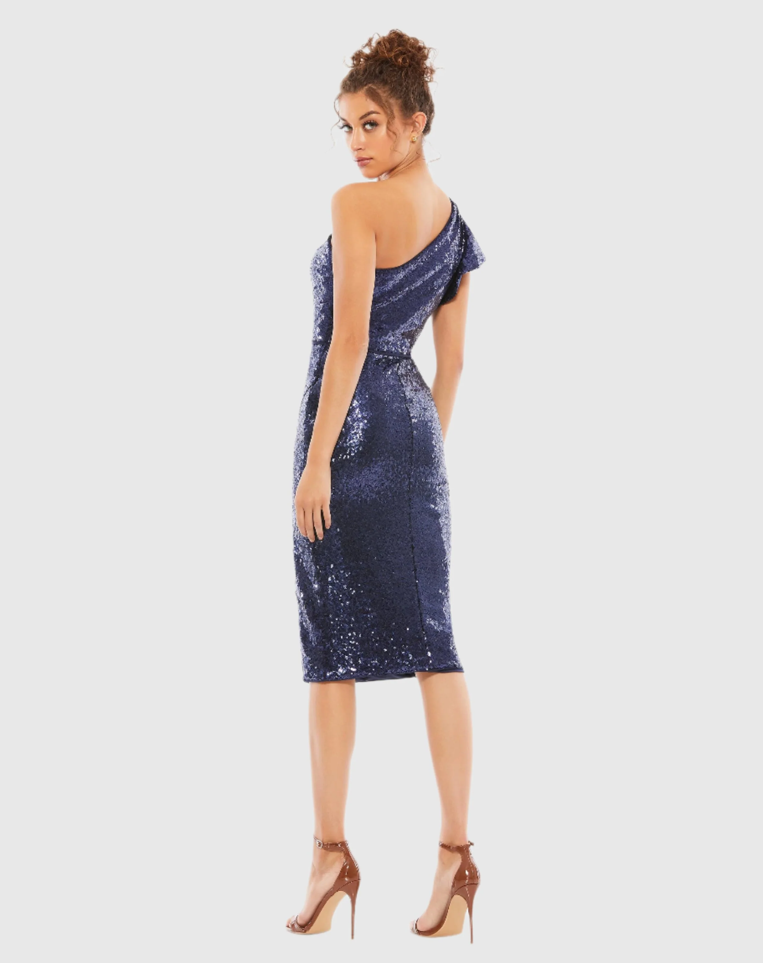 Navy Sequined Flutter One Shoulder Fitted Midi Dress
