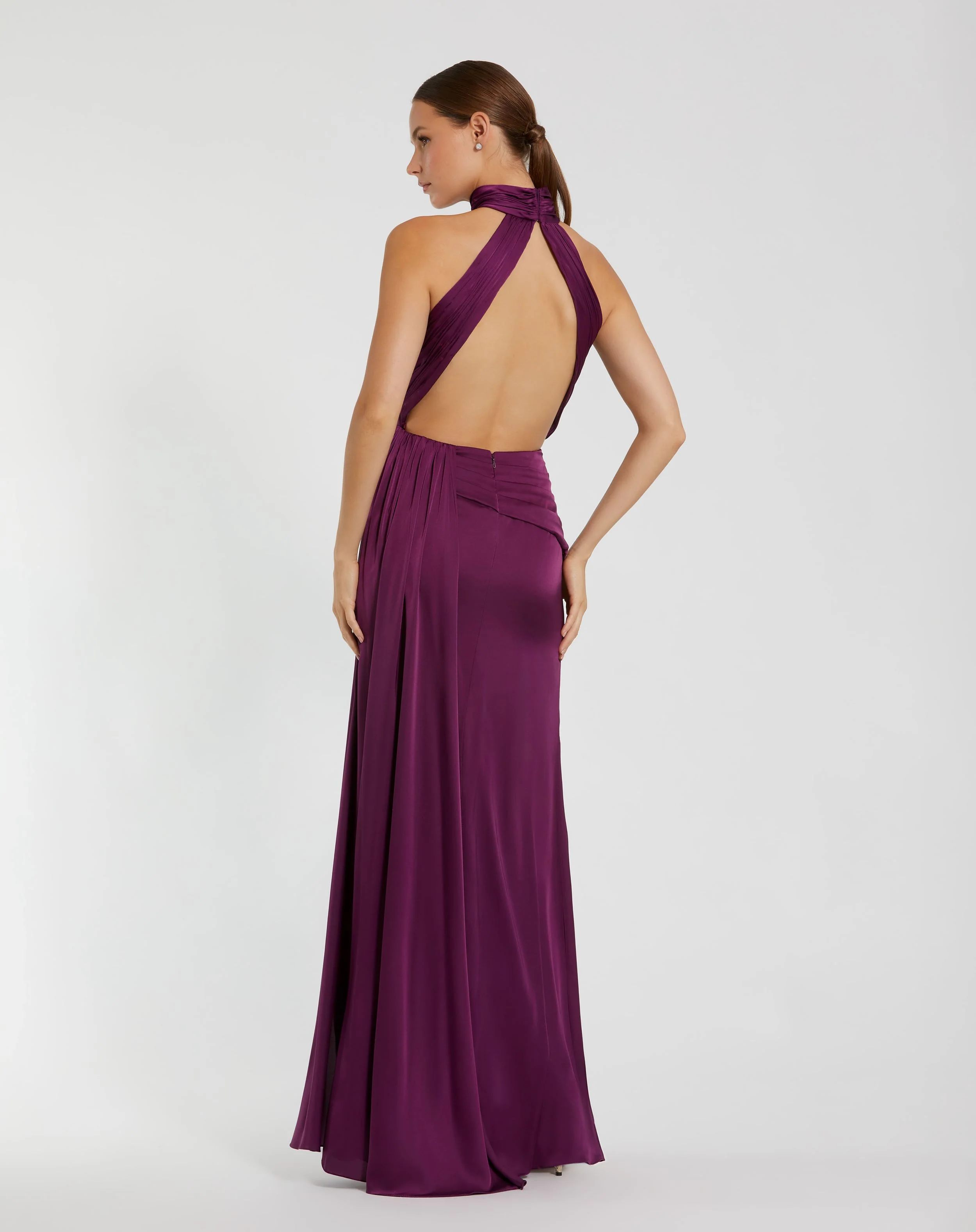 Purple Open Back High Neck Side Ruched Gown