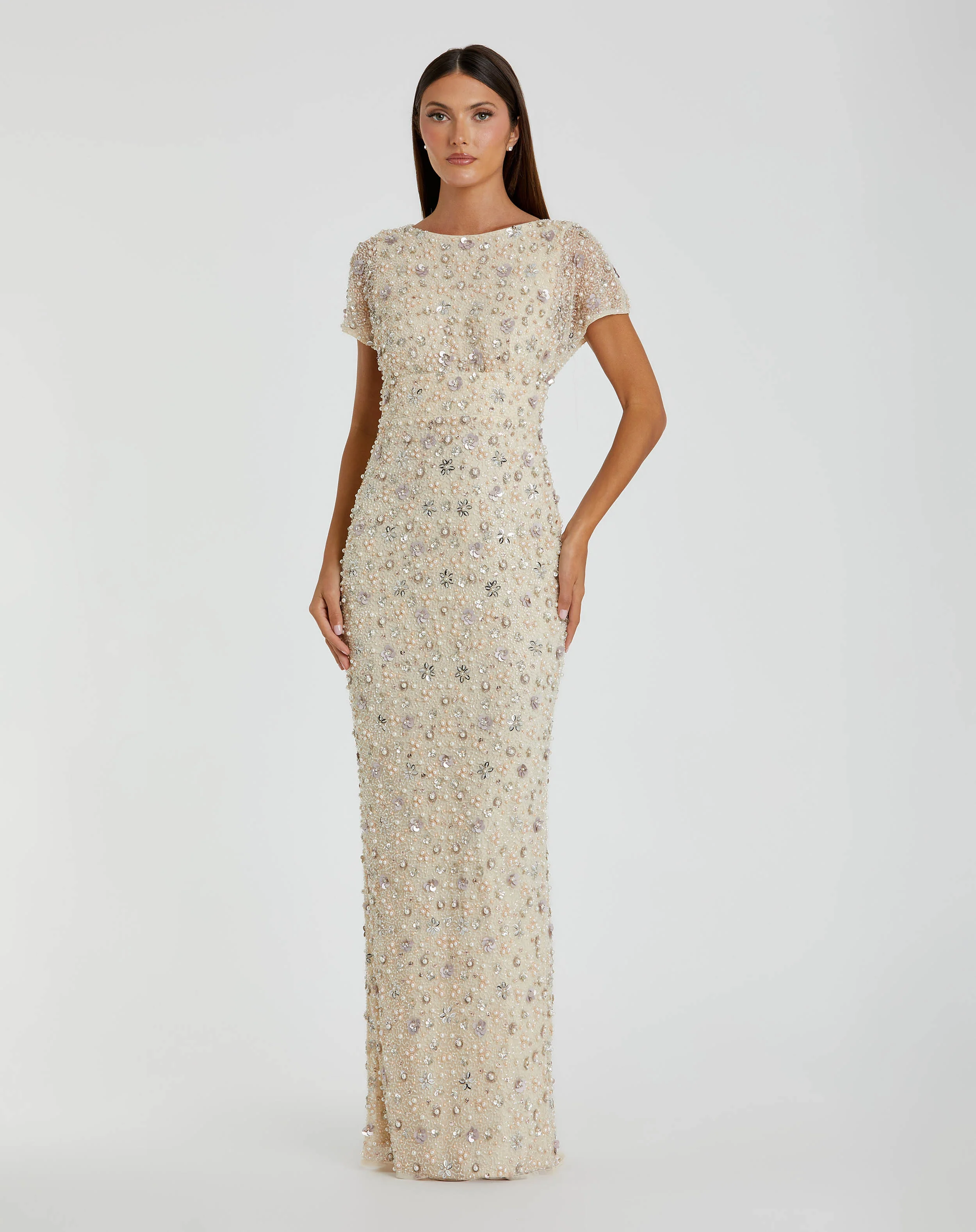 Ivory Floral Embellished Mesh Fitted Blouson Gown