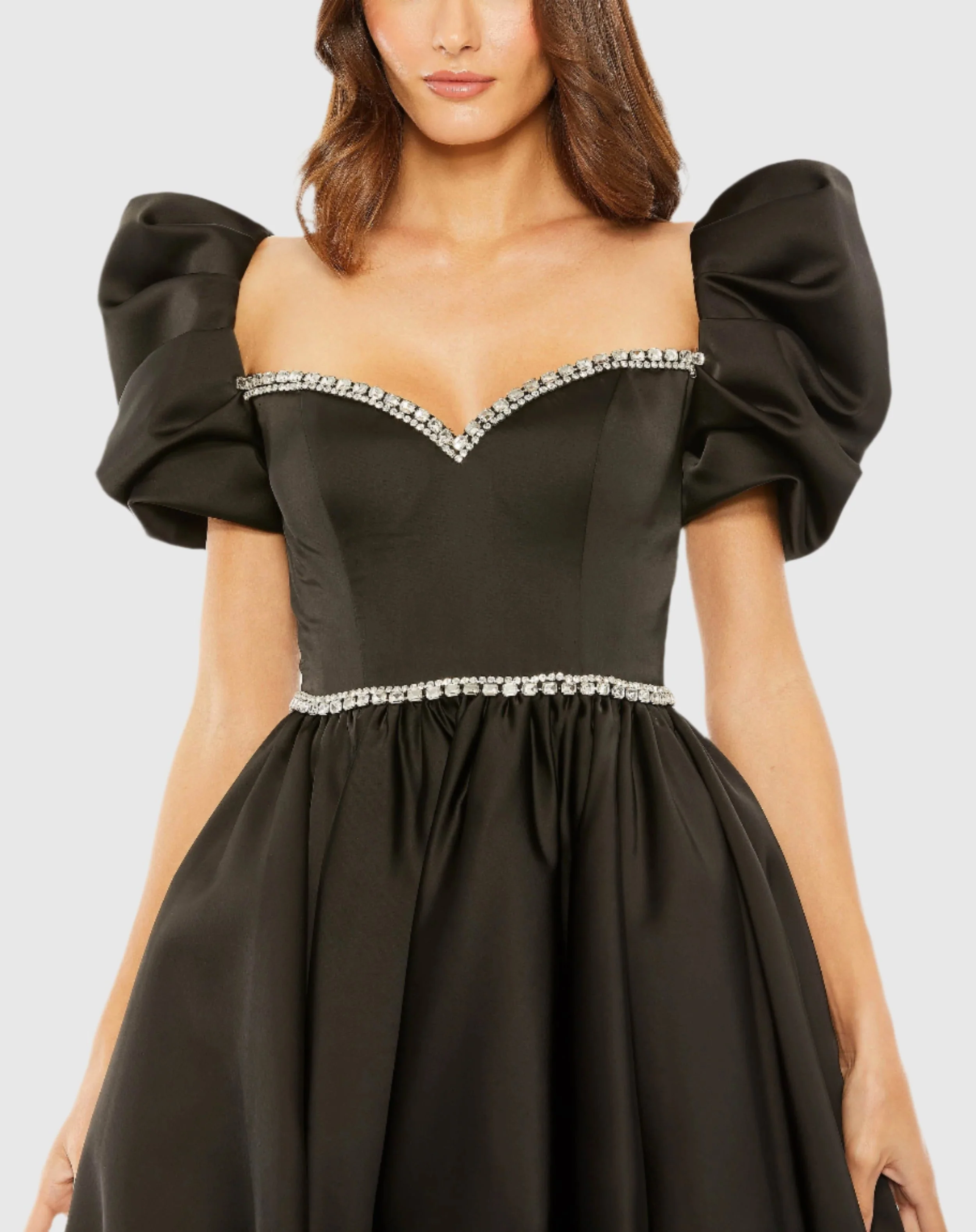 Black Beaded Top Puff Sleeve Dress