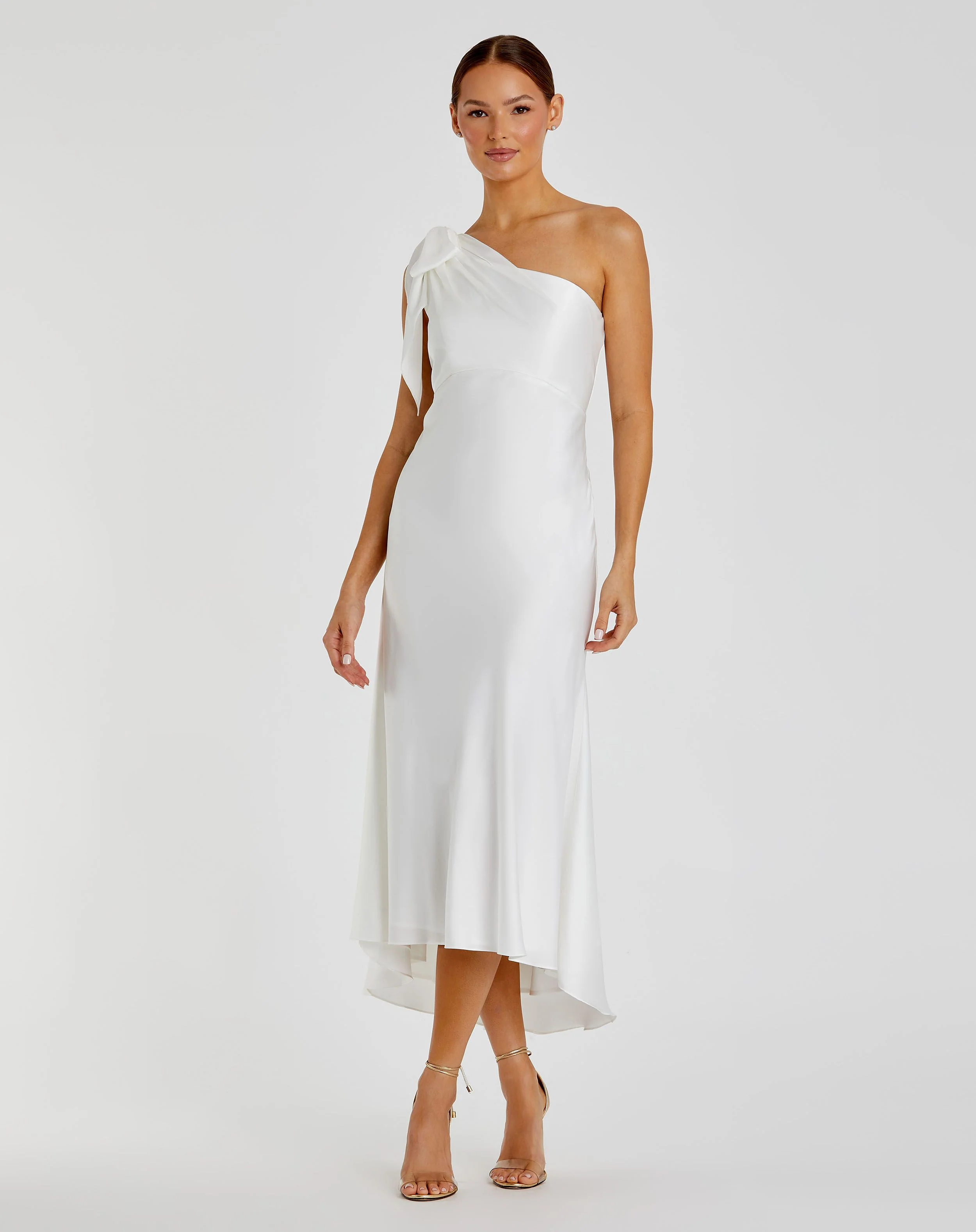 White Satin One Shoulder Midi Dress