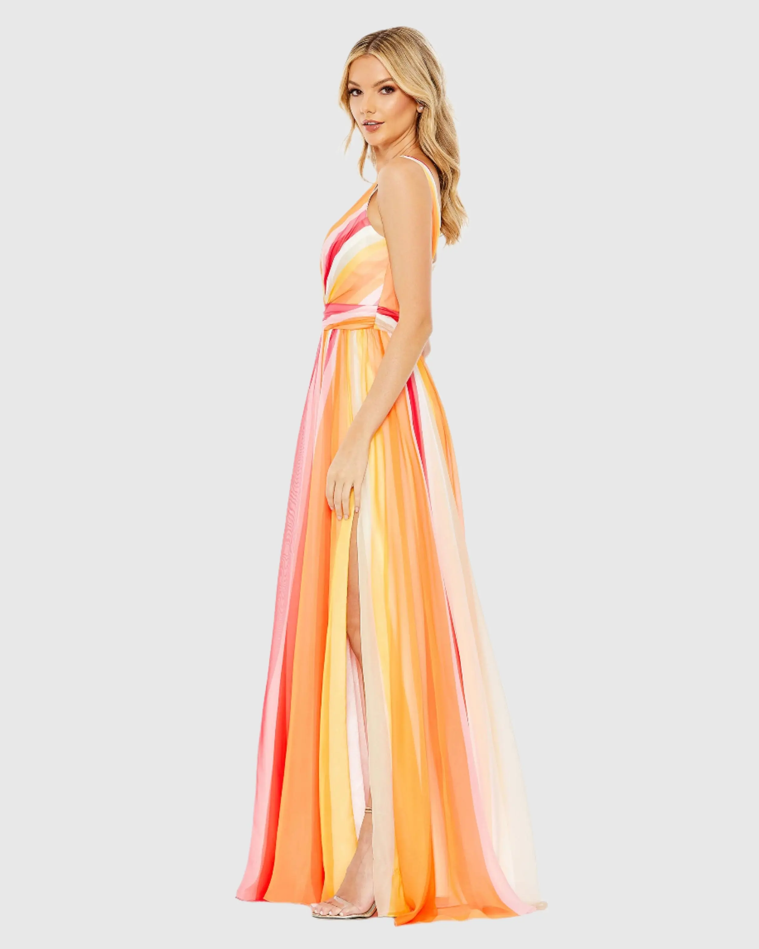 Orange Multicolor Striped Multi Sleeveless Gown