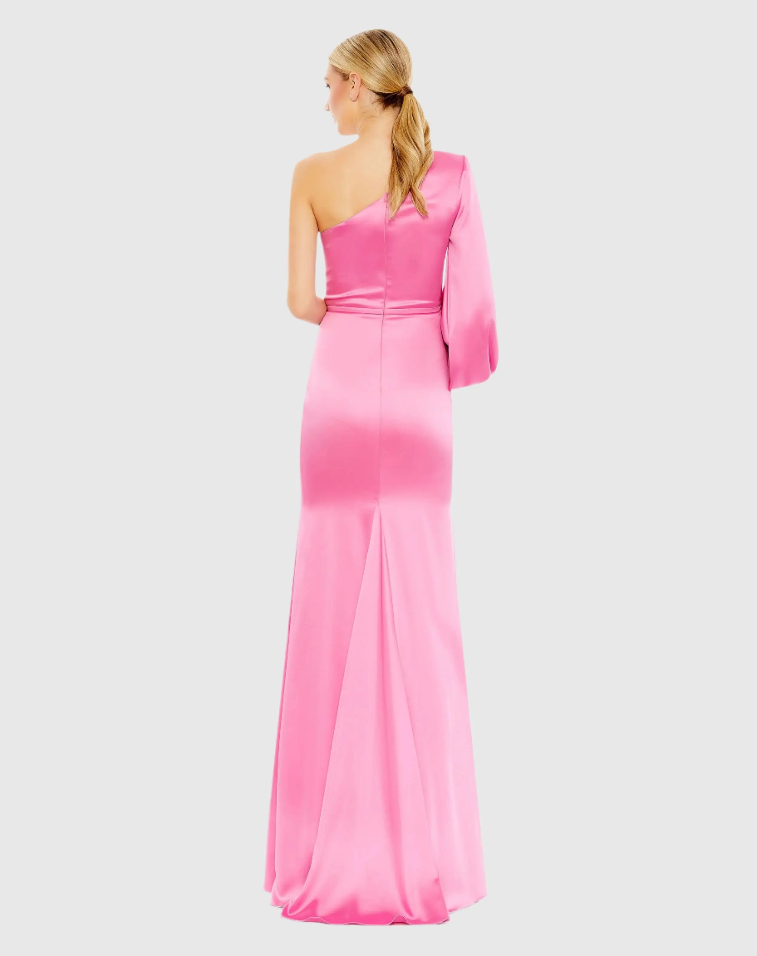 Pink One Shoulder Bishop Sleeve Trumpet Gown