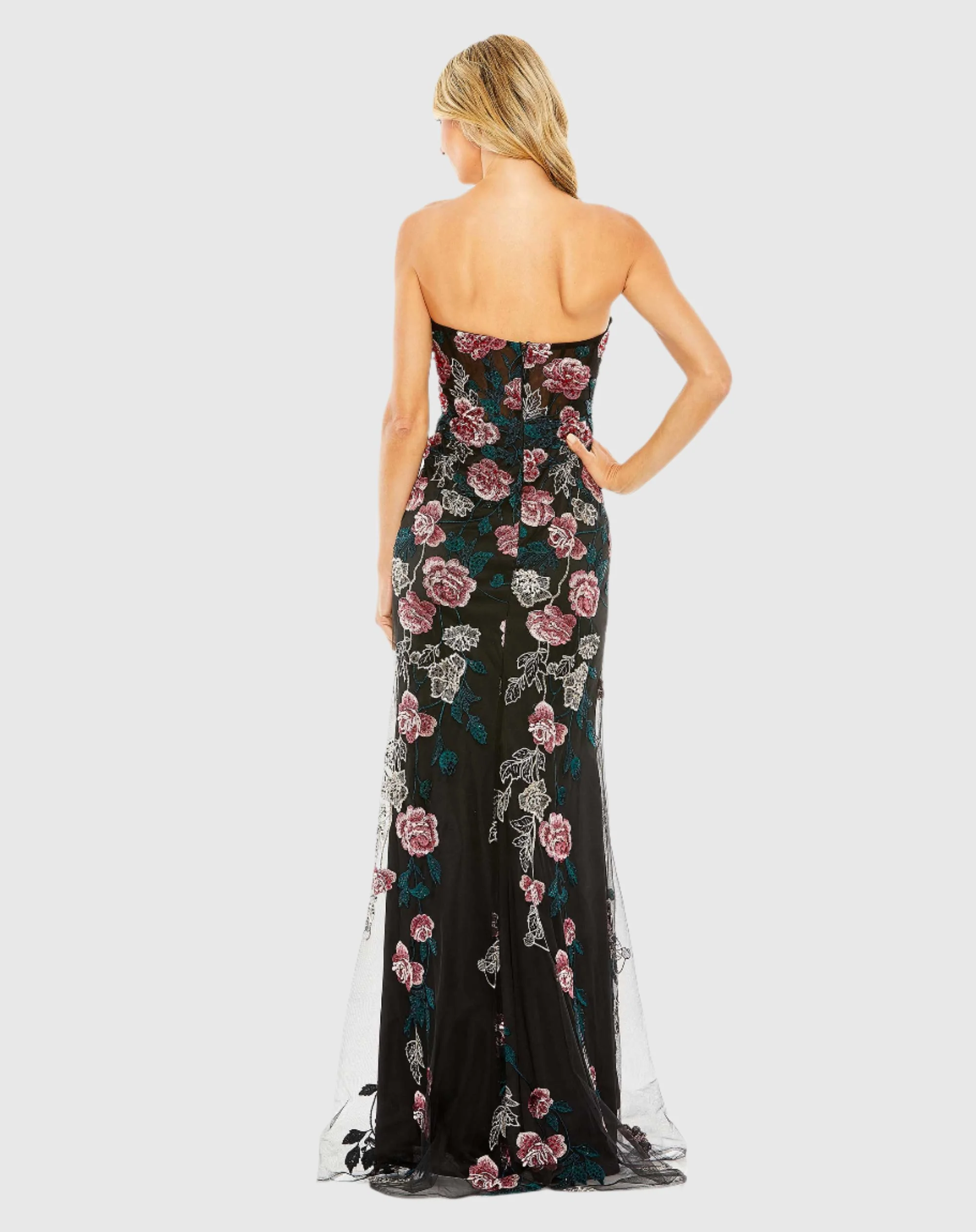 Black Strapless Floral Embroidered Gown