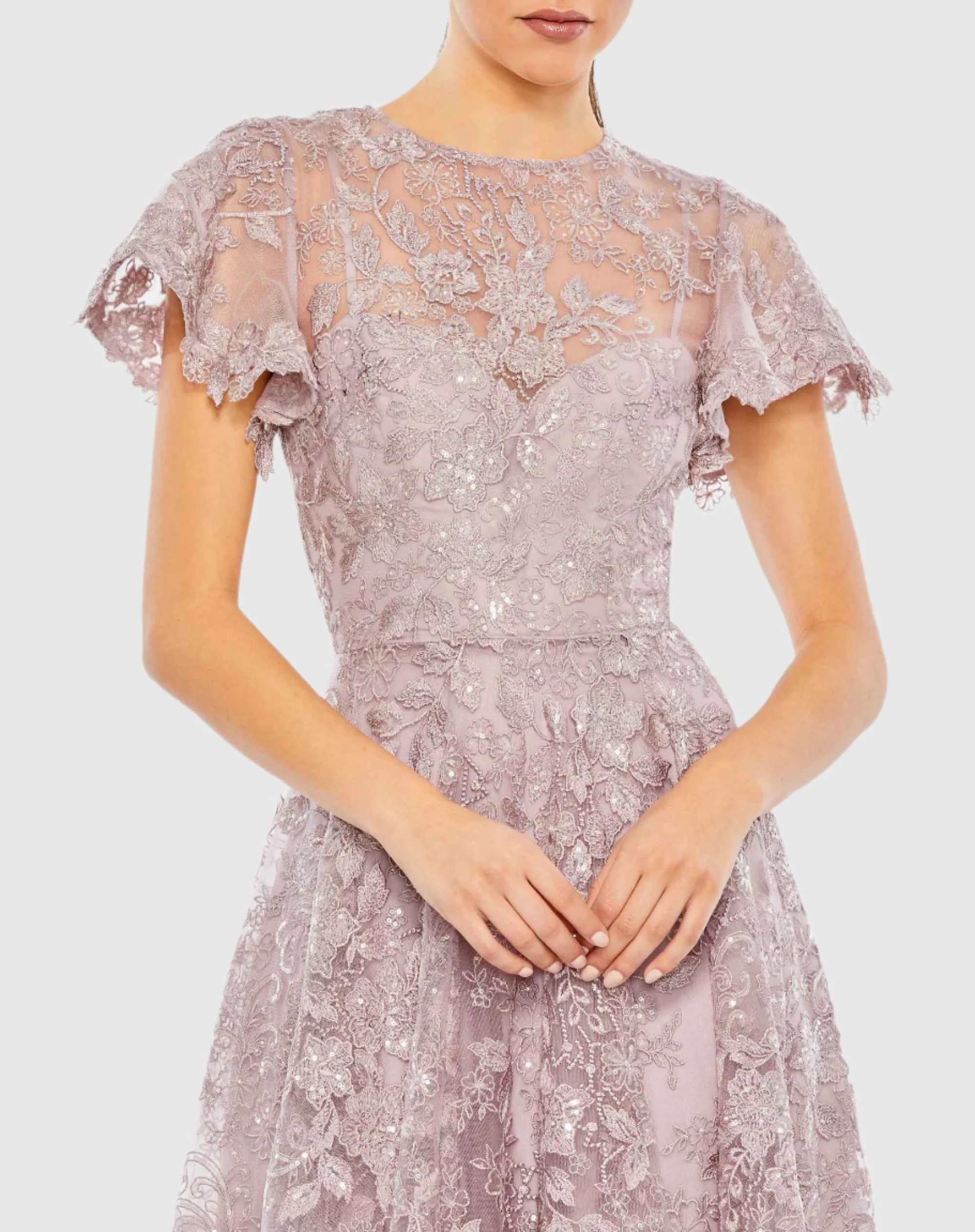 Purple Embroidered High Neck Cap Sleeve A Line Dress