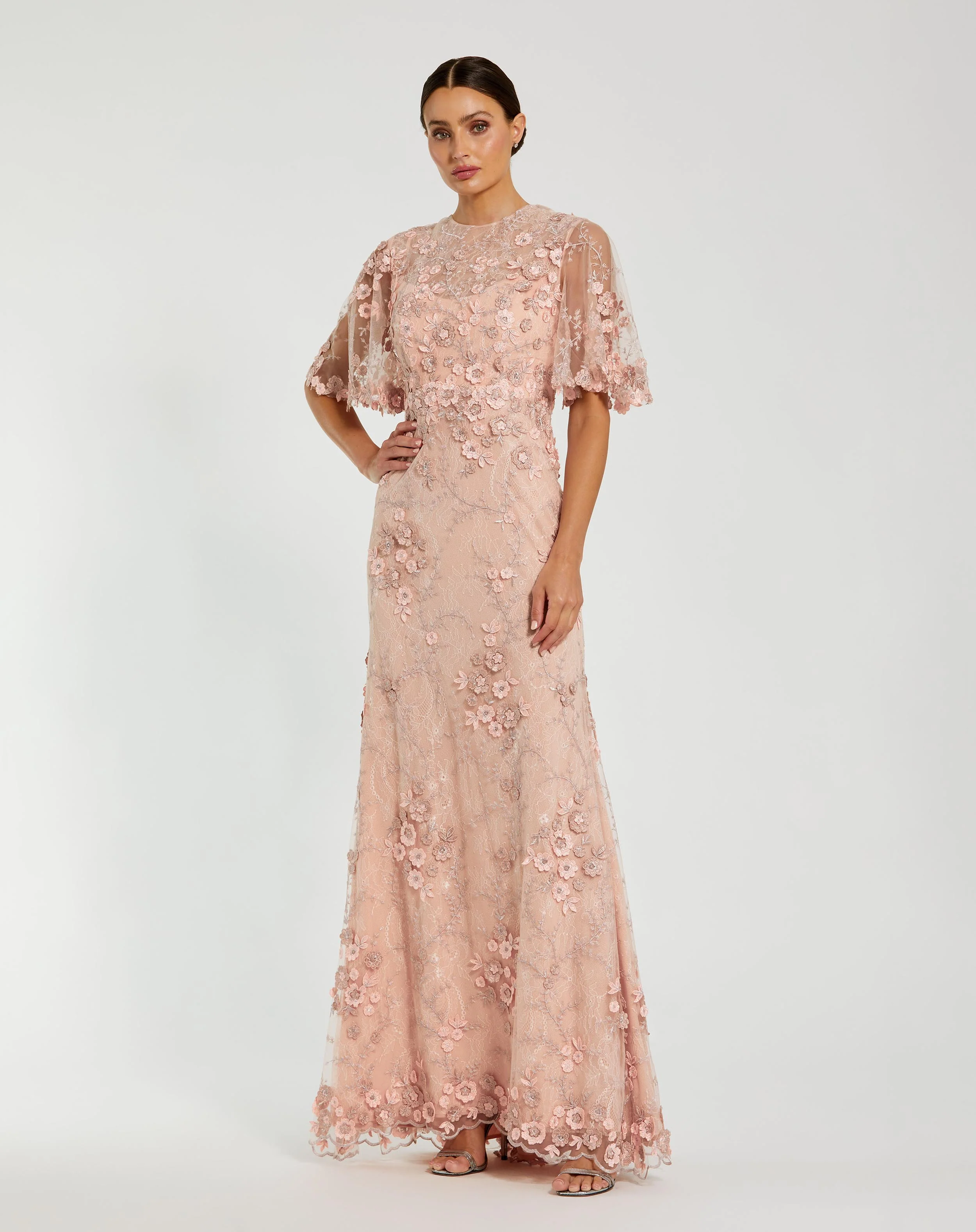 Pink Flutter Sleeve Floral Embroidered Net Gown