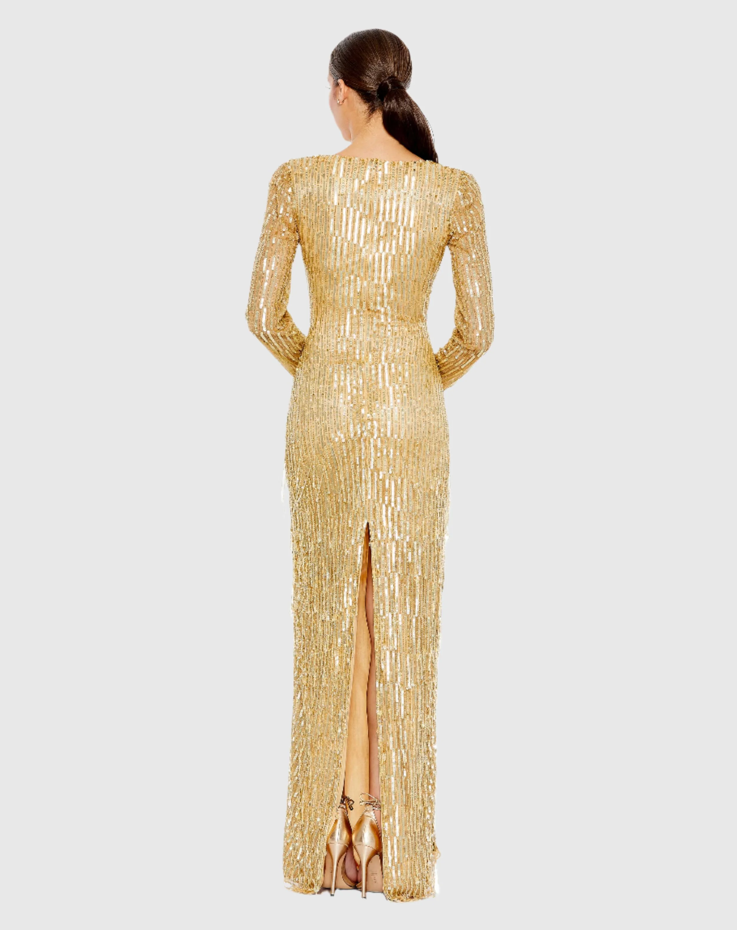 Sequined Long Sleeve V Neck Beaded Fringe Gown