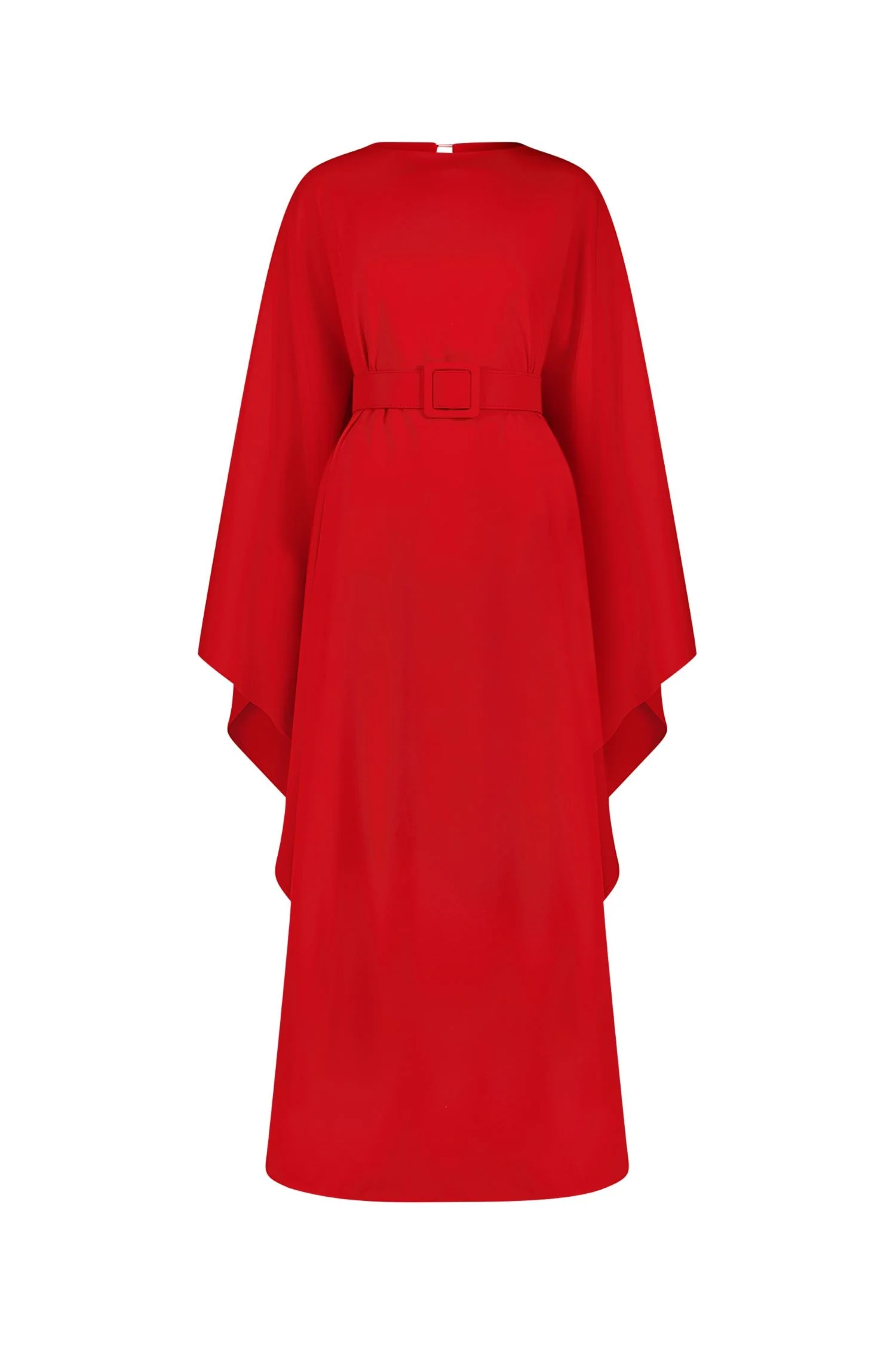 Red Crepe Boat Neck Caftan Maxi Dress With Belt