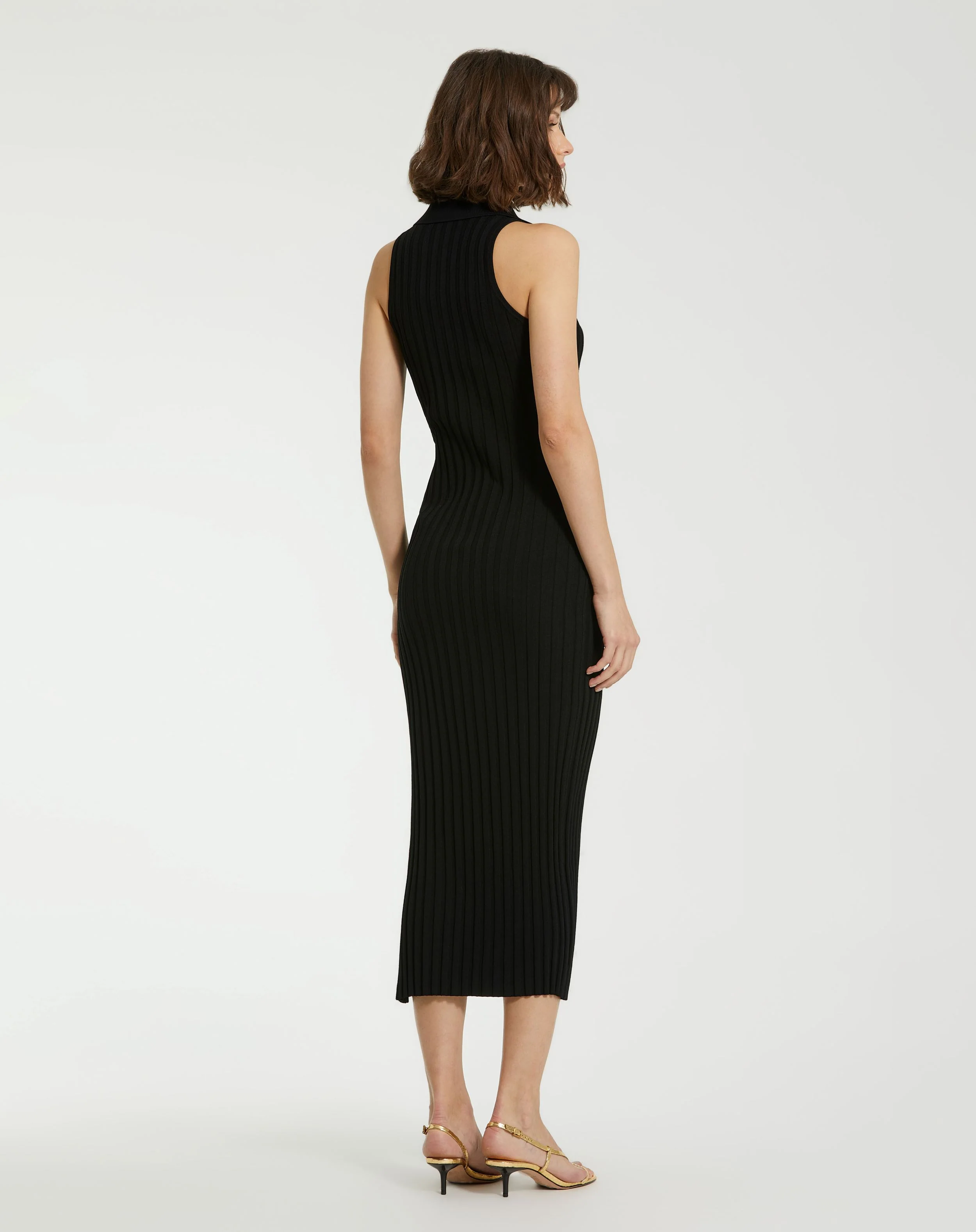 Black Rib Knit Collared Sleeveless Fitted Maxi Dress - FINAL SALE