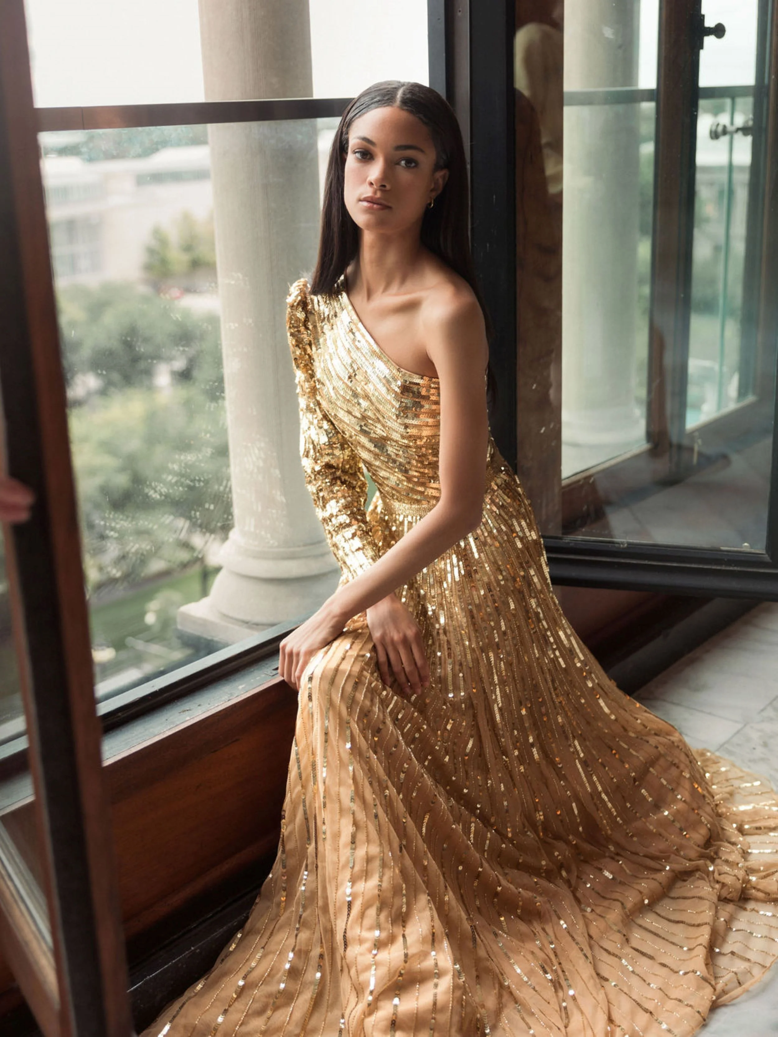 Gold Sequined One Shoulder A Line Gown