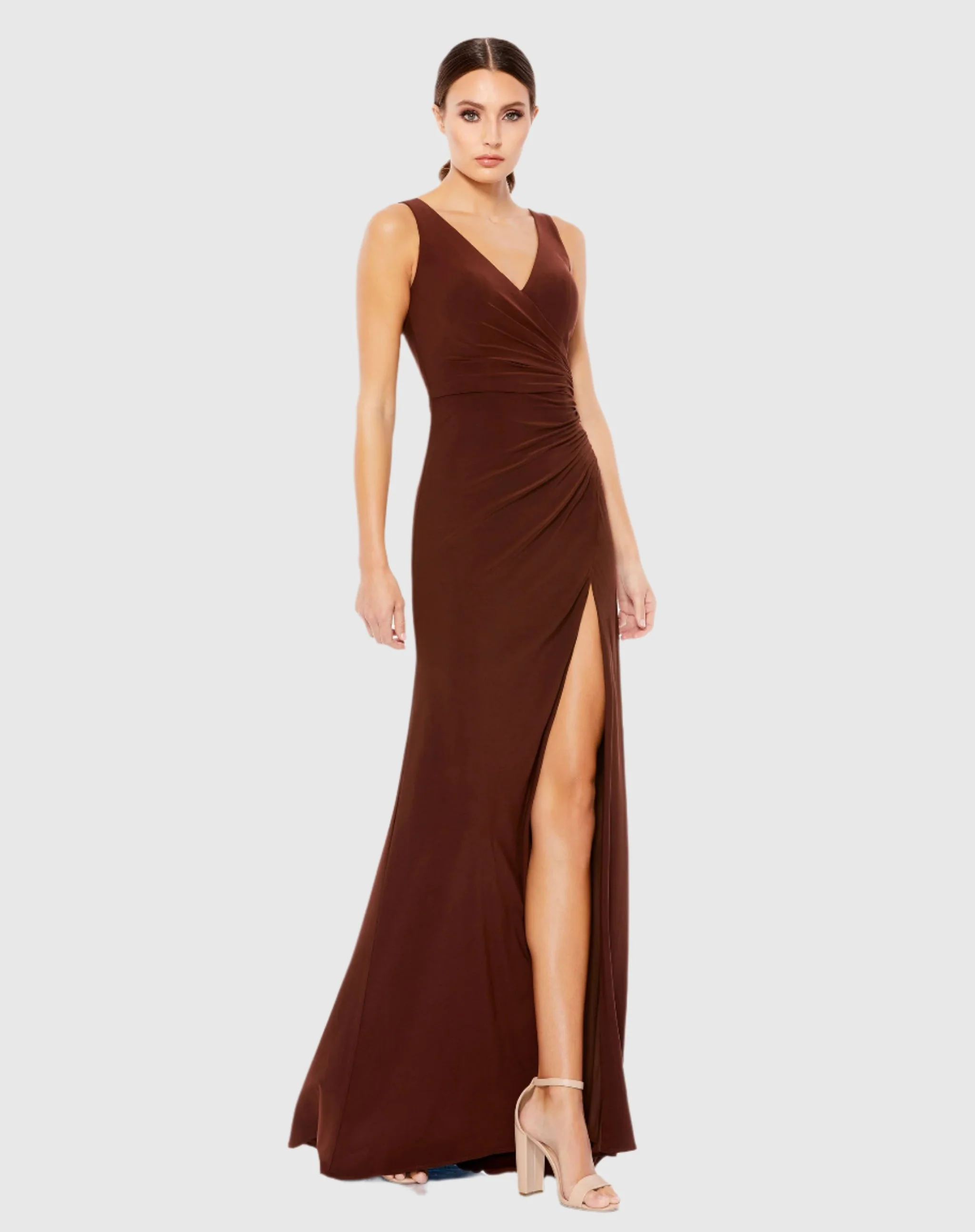 Brown Ruched Stretch Jersey V-Neck Gown