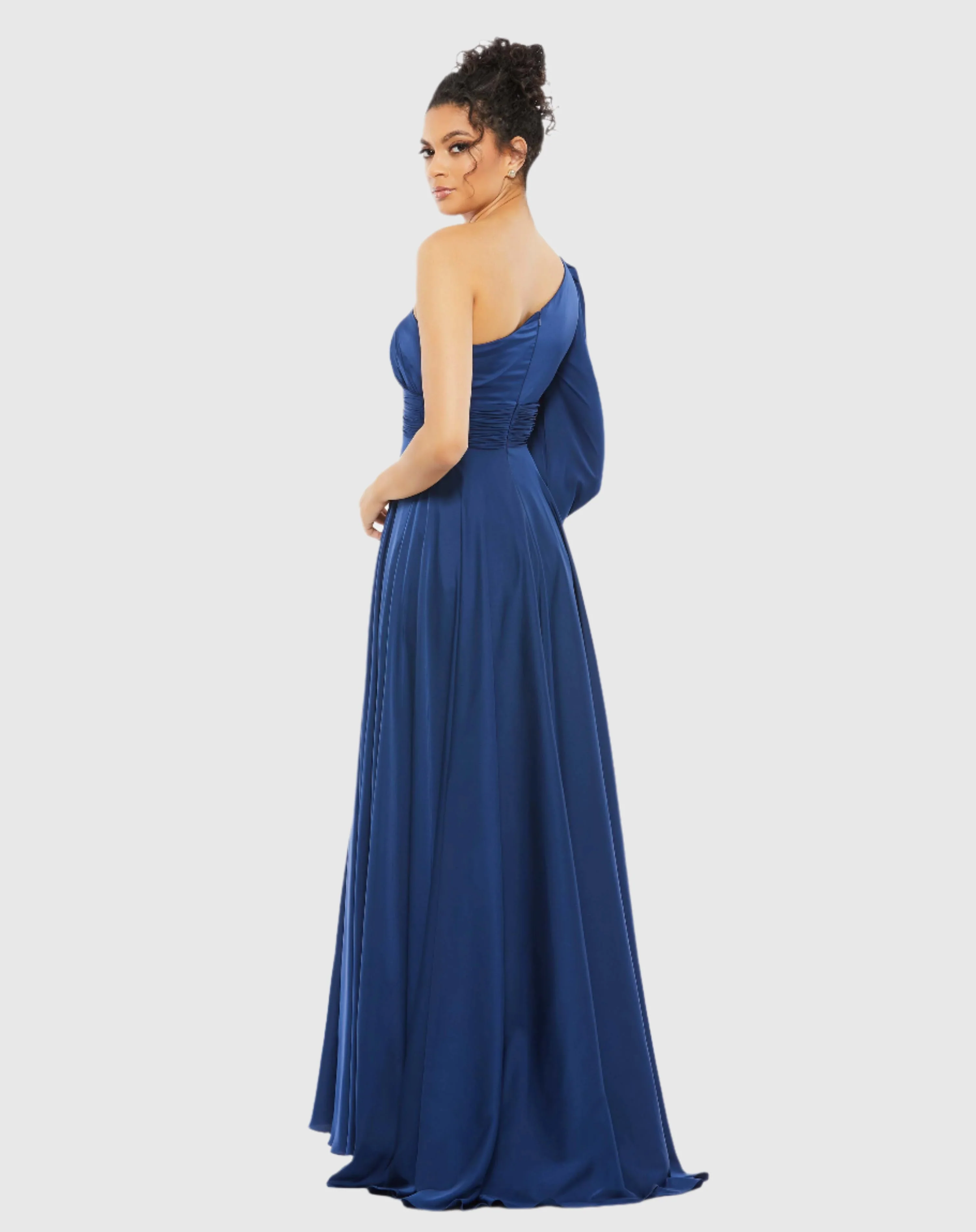 Navy One Shoulder Bishop Sleeve Flowy Gown