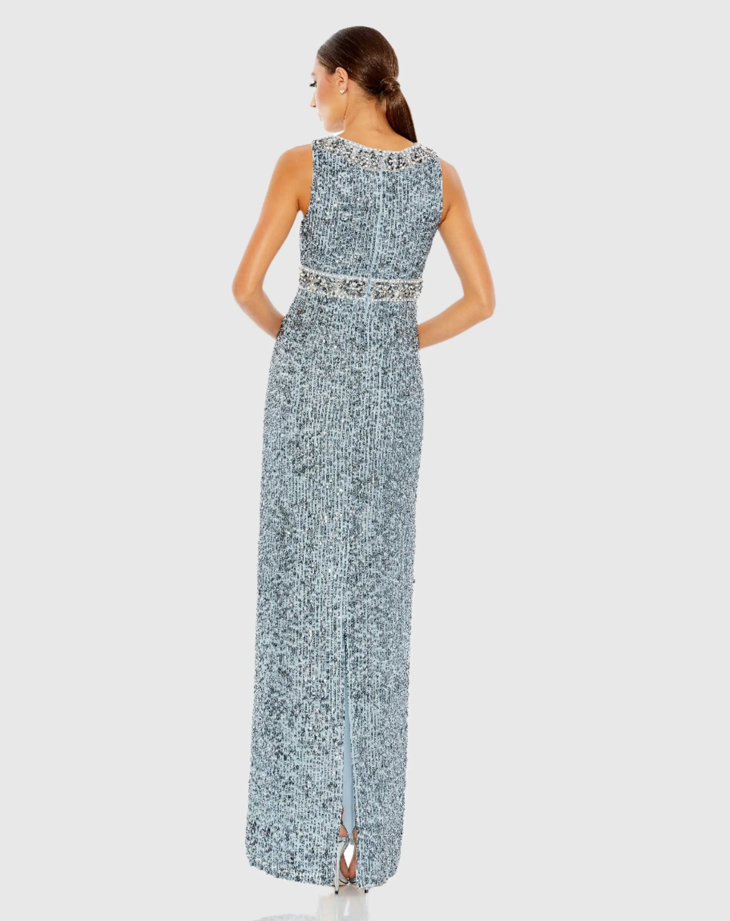 Sequined Sleeveless Embellished Neckline Gown