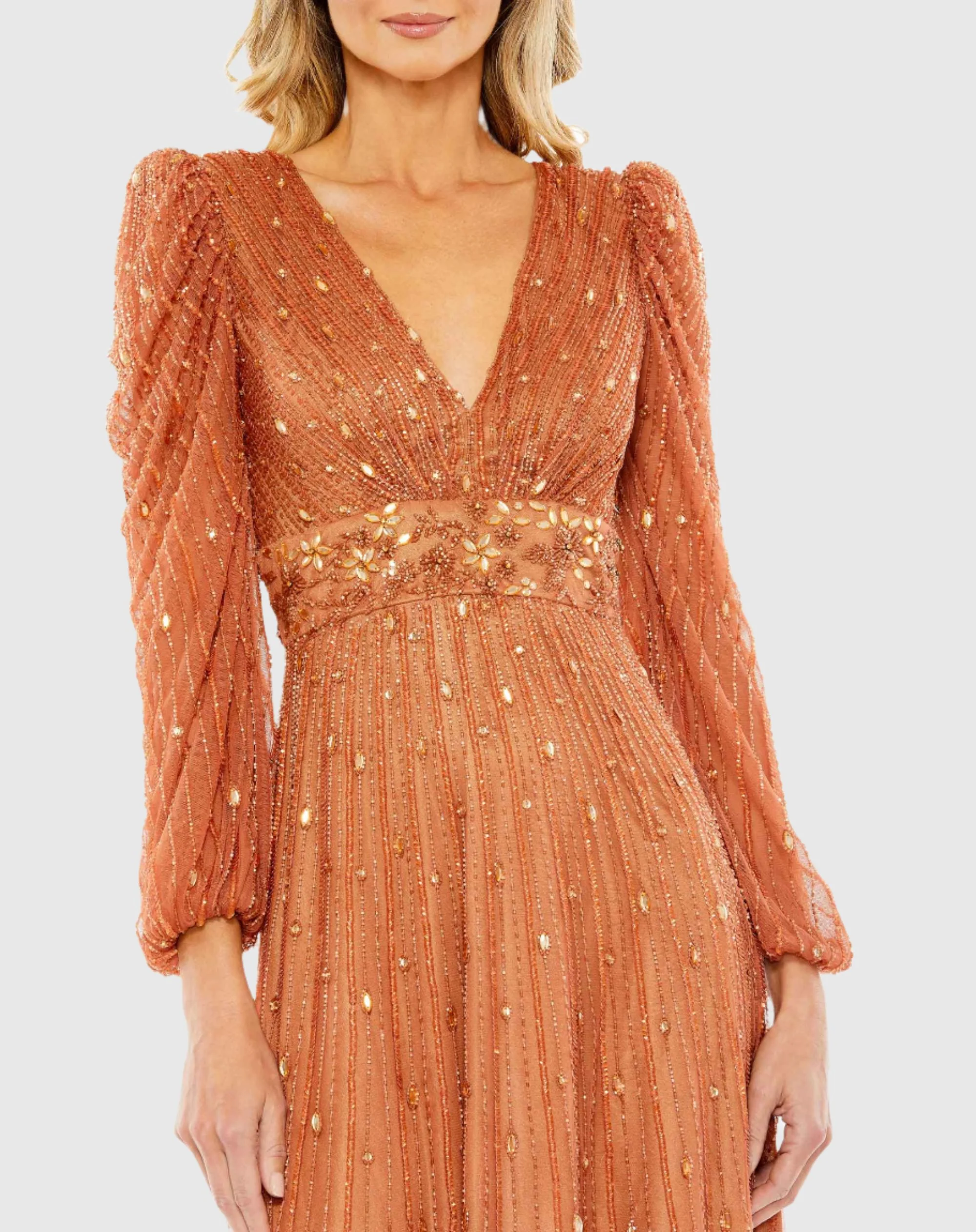 Hand Embellished V Neck Puff Sleeve A Line Dress