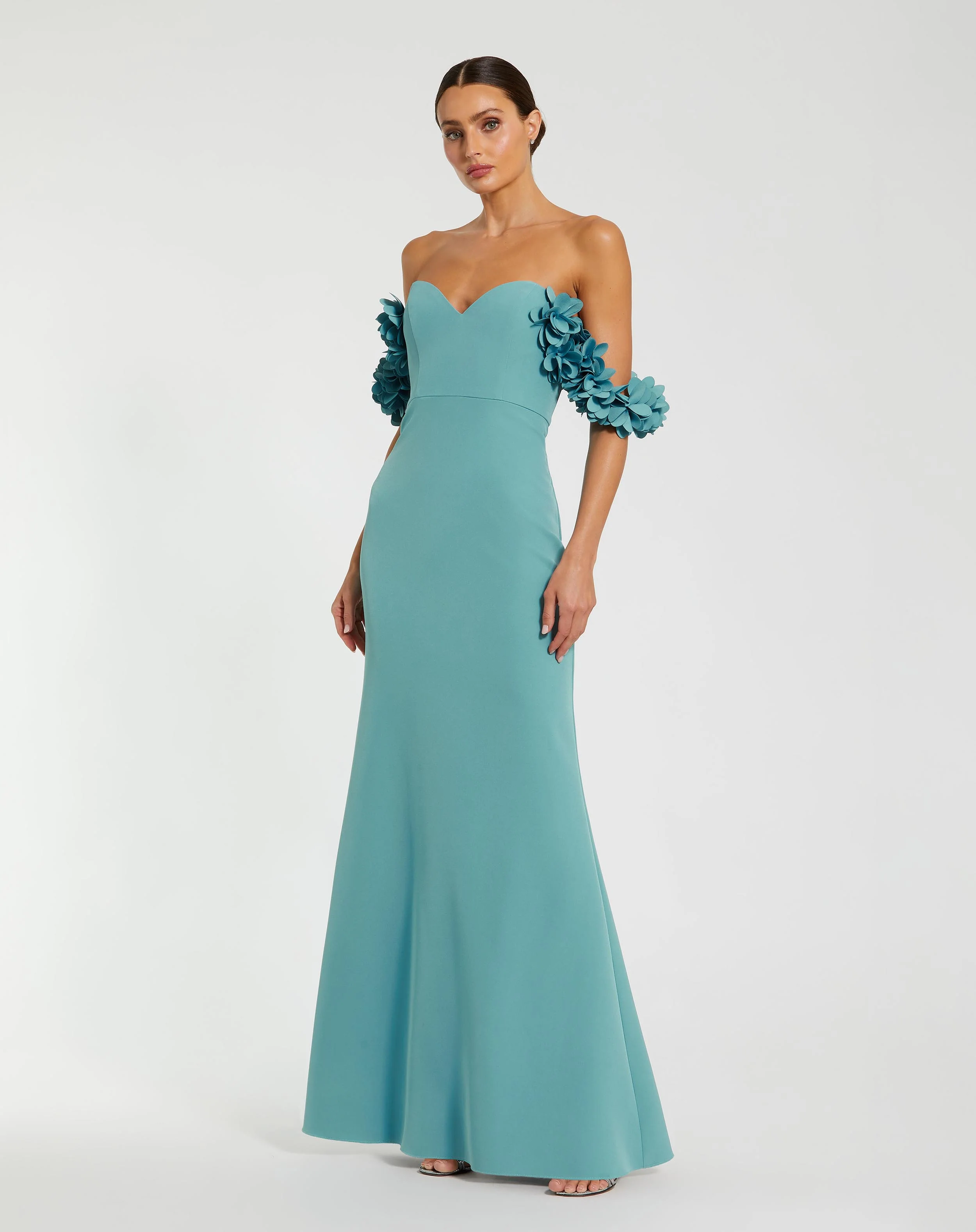 Crepe Off The Shoulder Gown With 3D Flowers