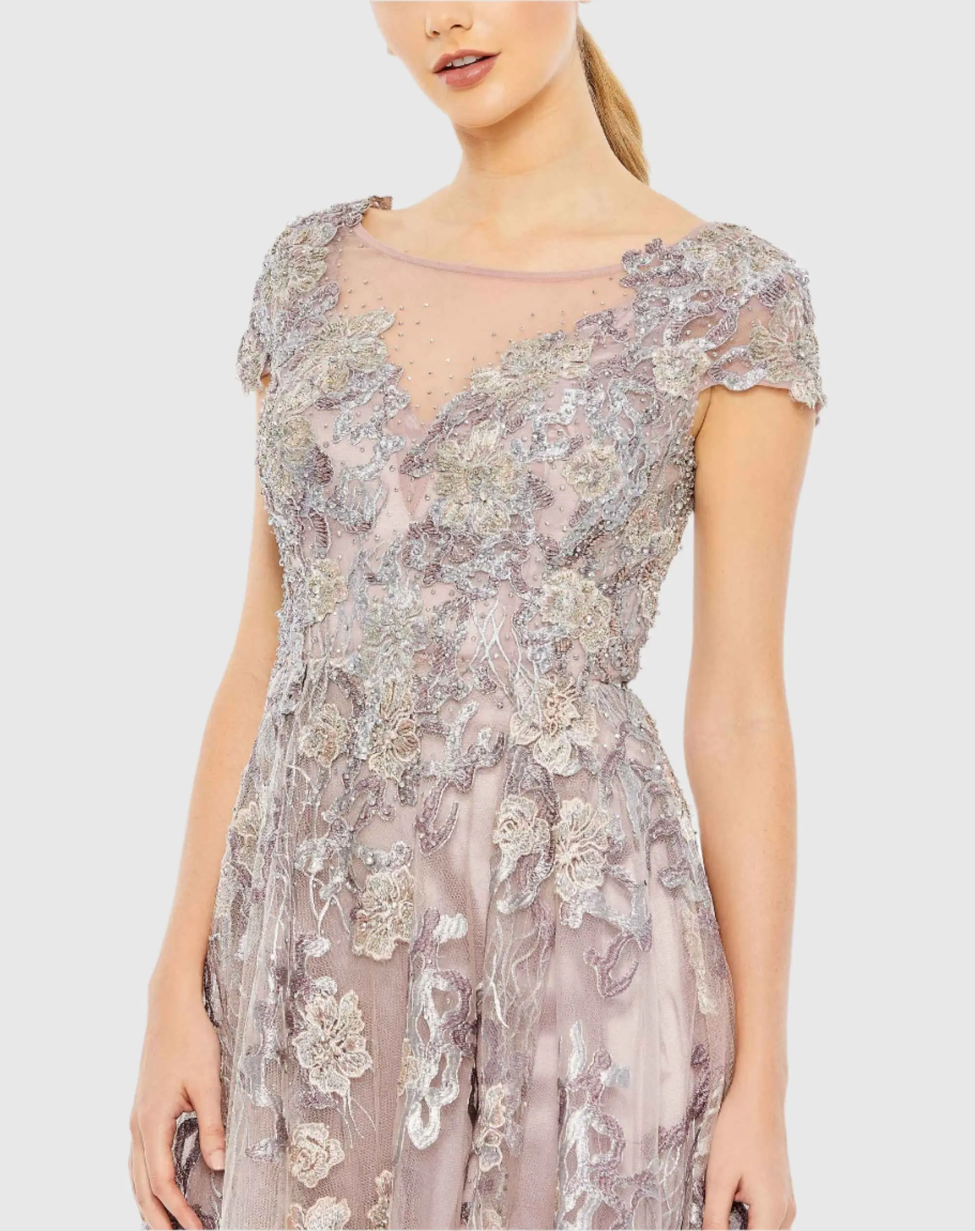 Embroidered Cap Sleeve A Line Dress