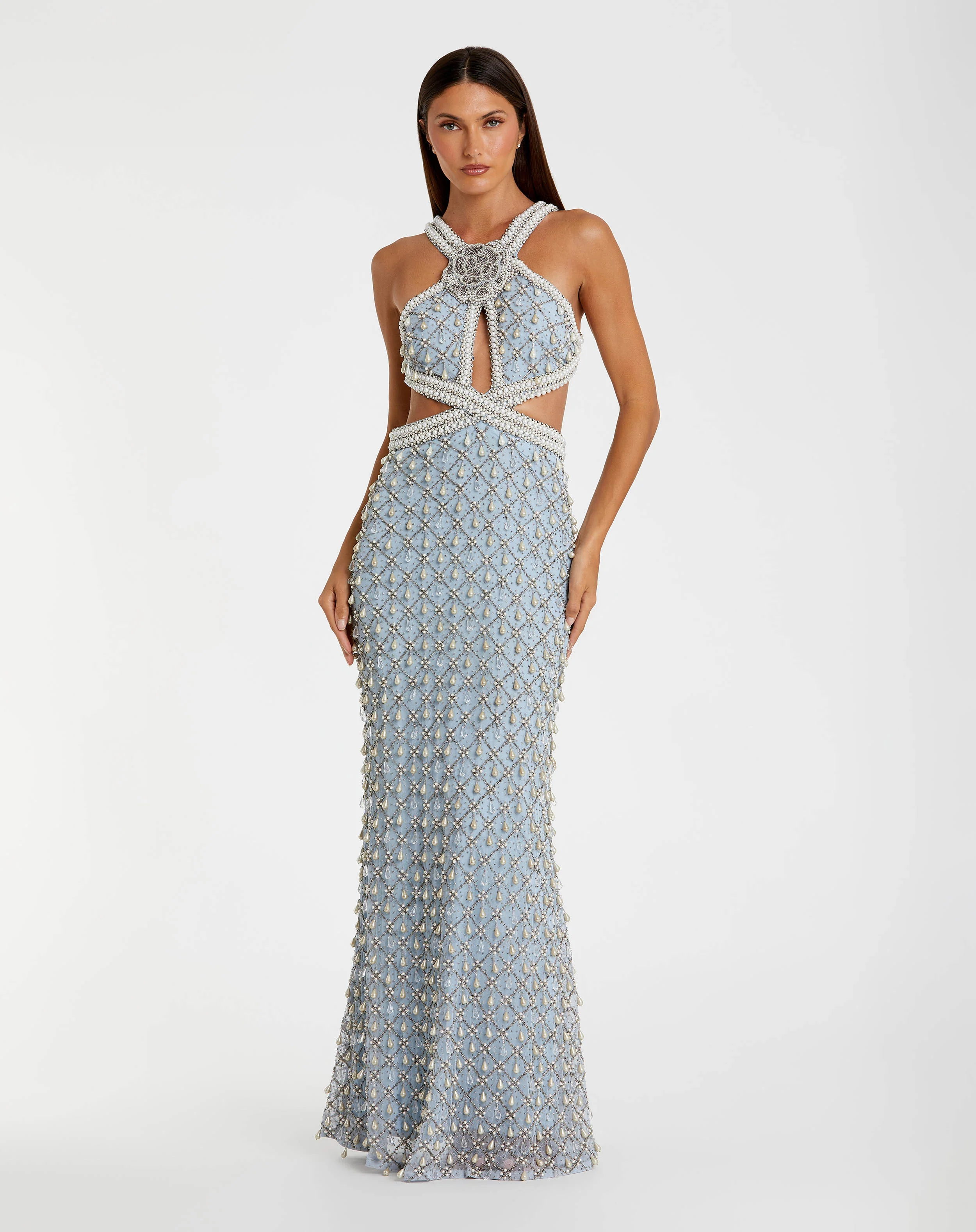 Blue Sleeveless Halter Cutout Pearl Embellished Gown