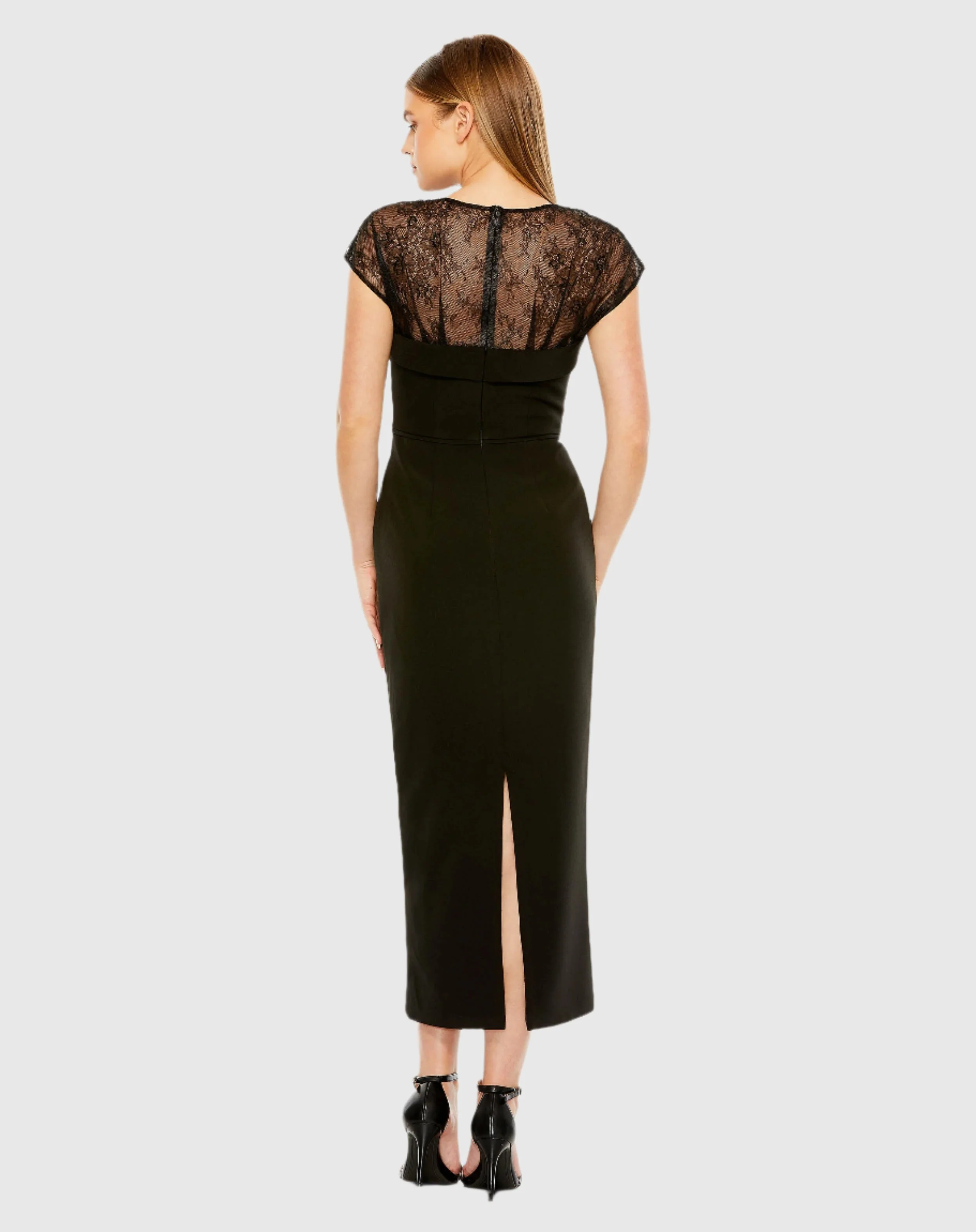 Sheer Lace Top Crepe Midi Dress