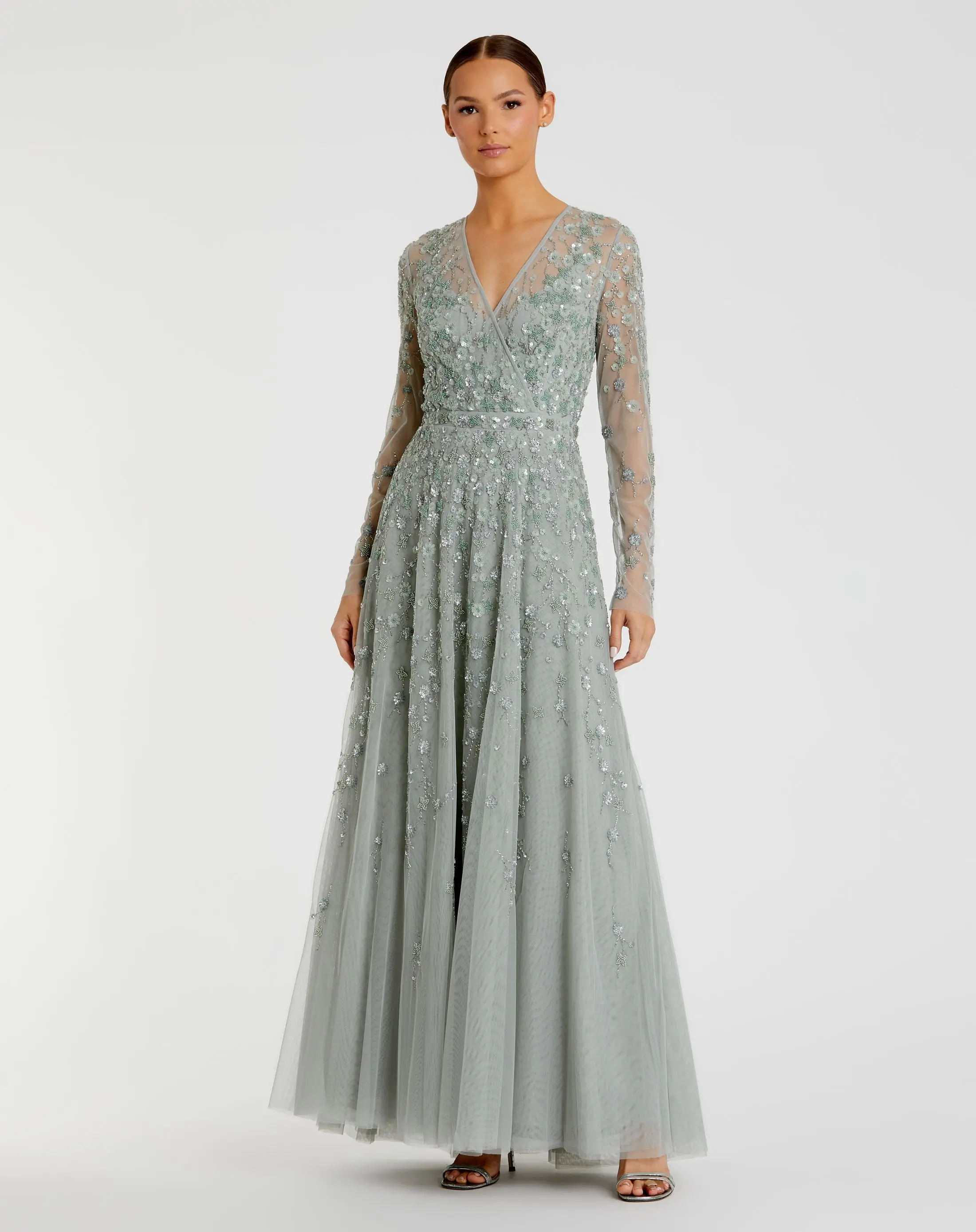 Embellished Wrap Over Illusion Long Sleeve A Line Gown
