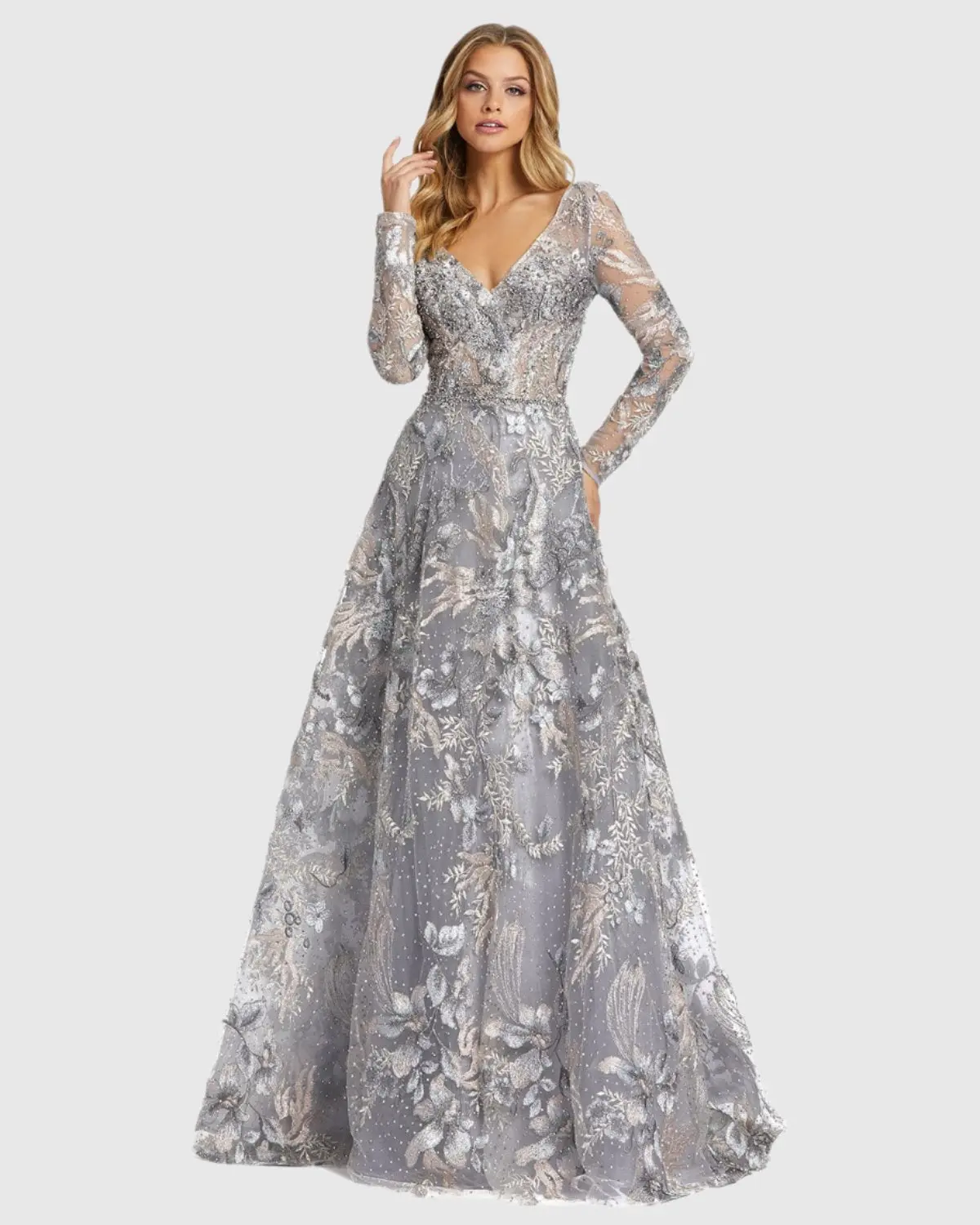 Long Sleeve Beaded Applique Gown