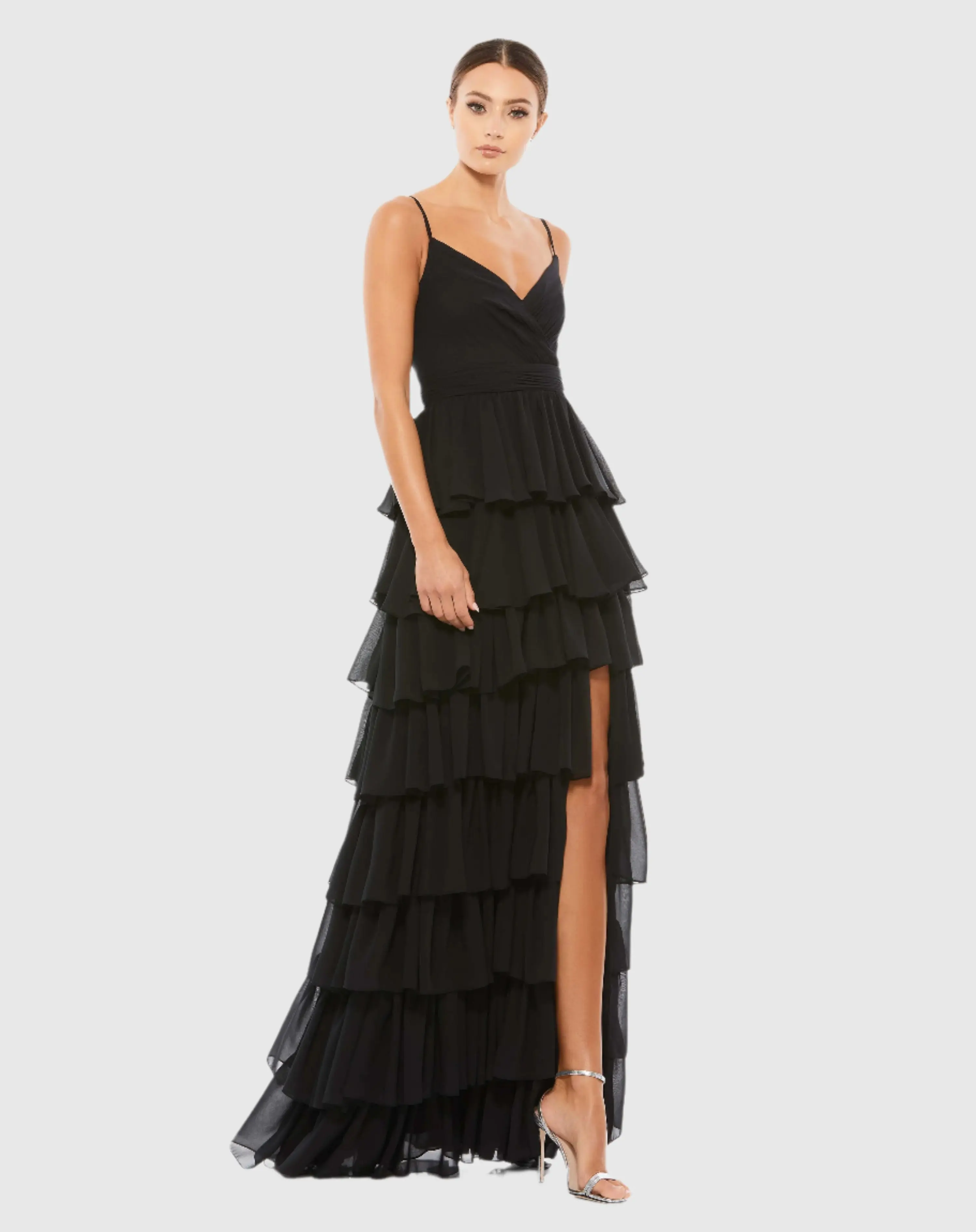 V-Neck Sleeveless Gown with Ruffled Skirt