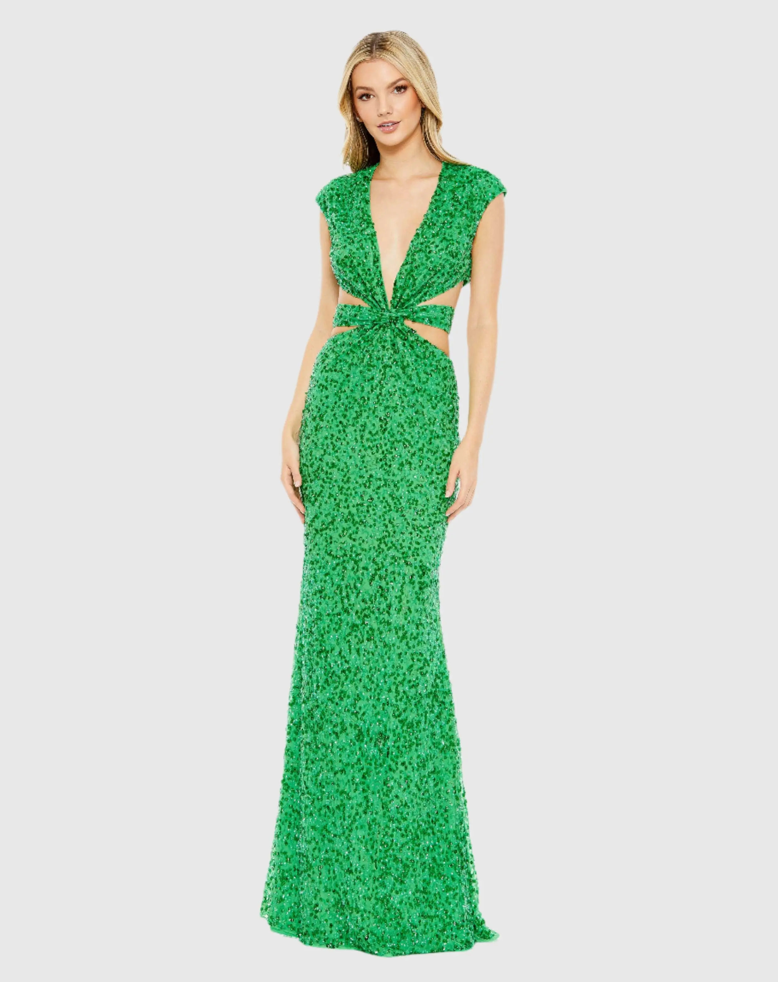 Green Sequined Cap Sleeve Plunge Neck Cut Out Gown