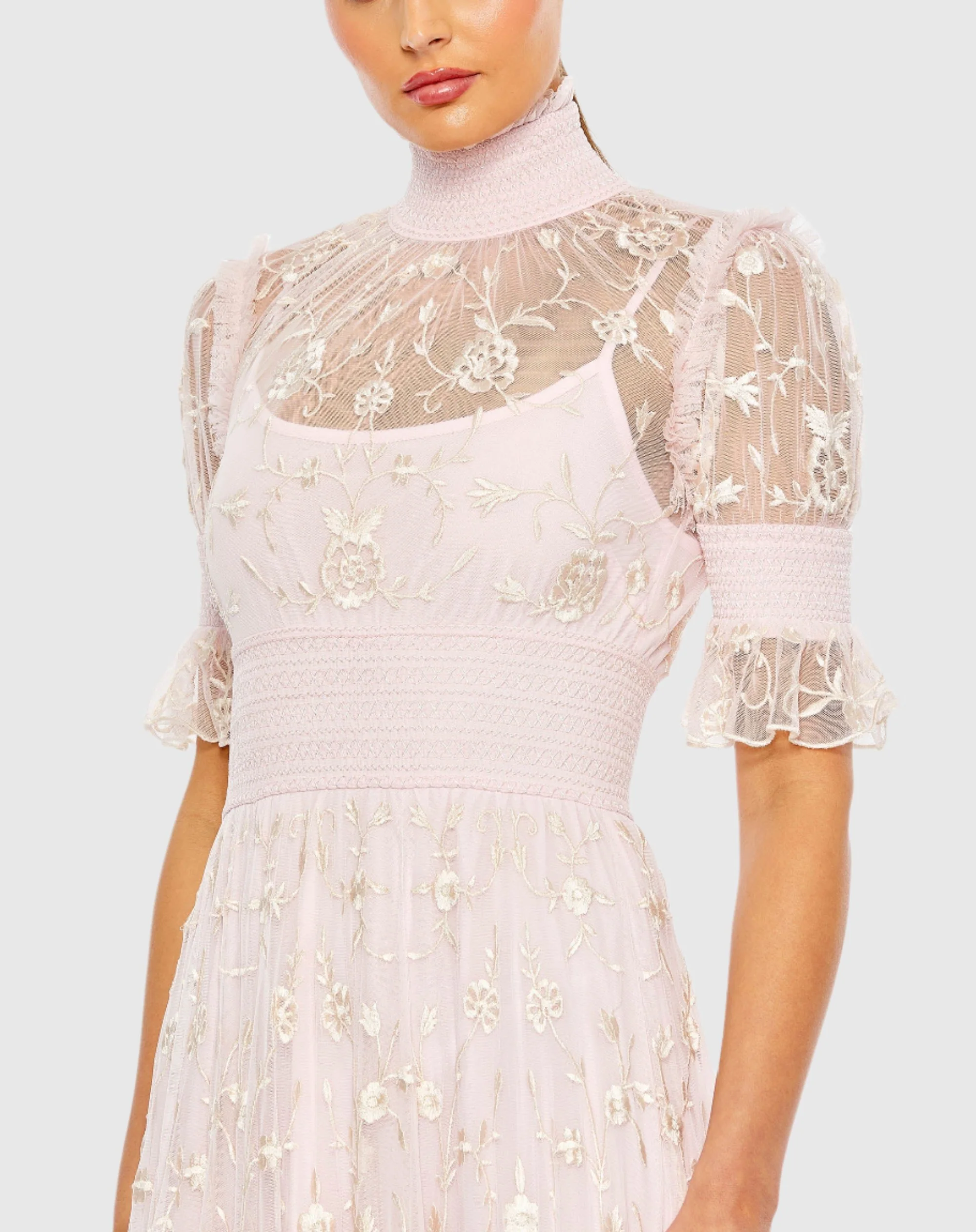 Pink Embroidered Floral Tiered Smock Neck Gown