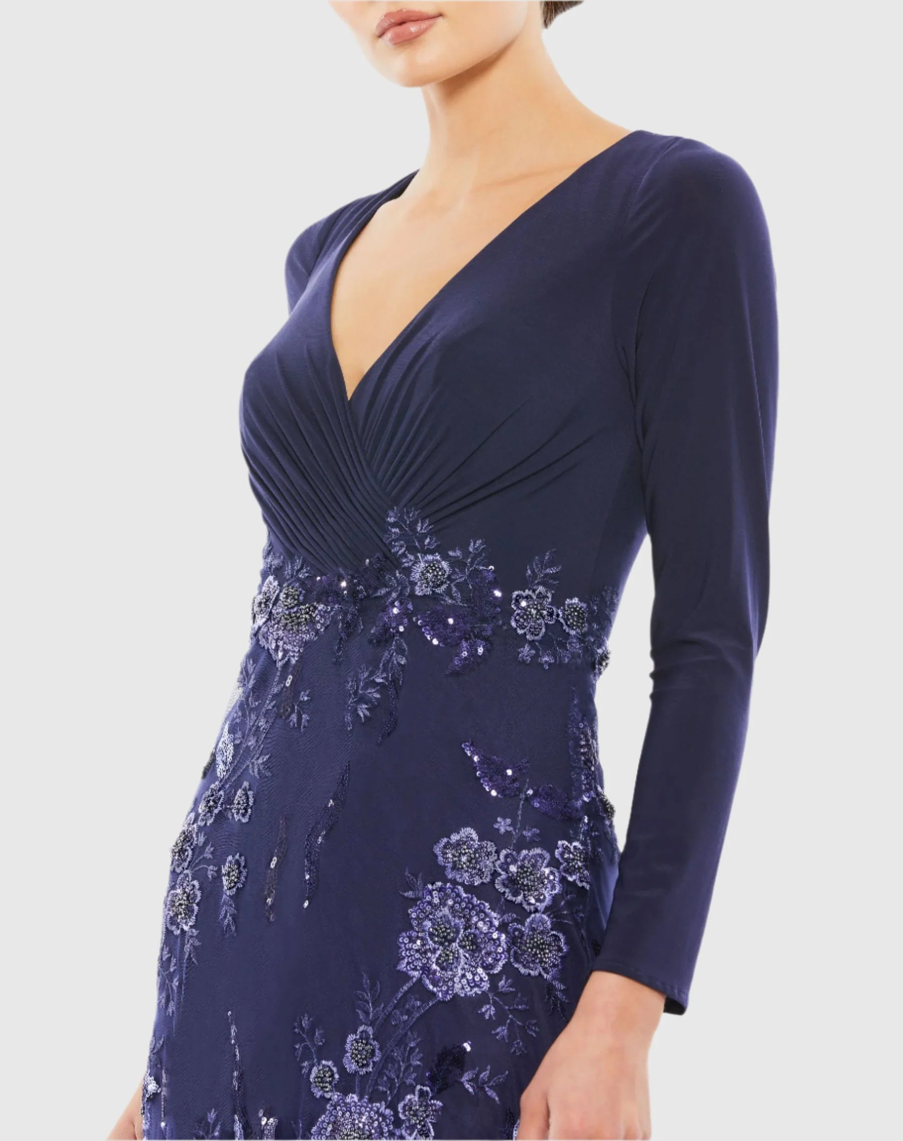 Embellished Long Sleeve Wrap Over Trumpet Gown