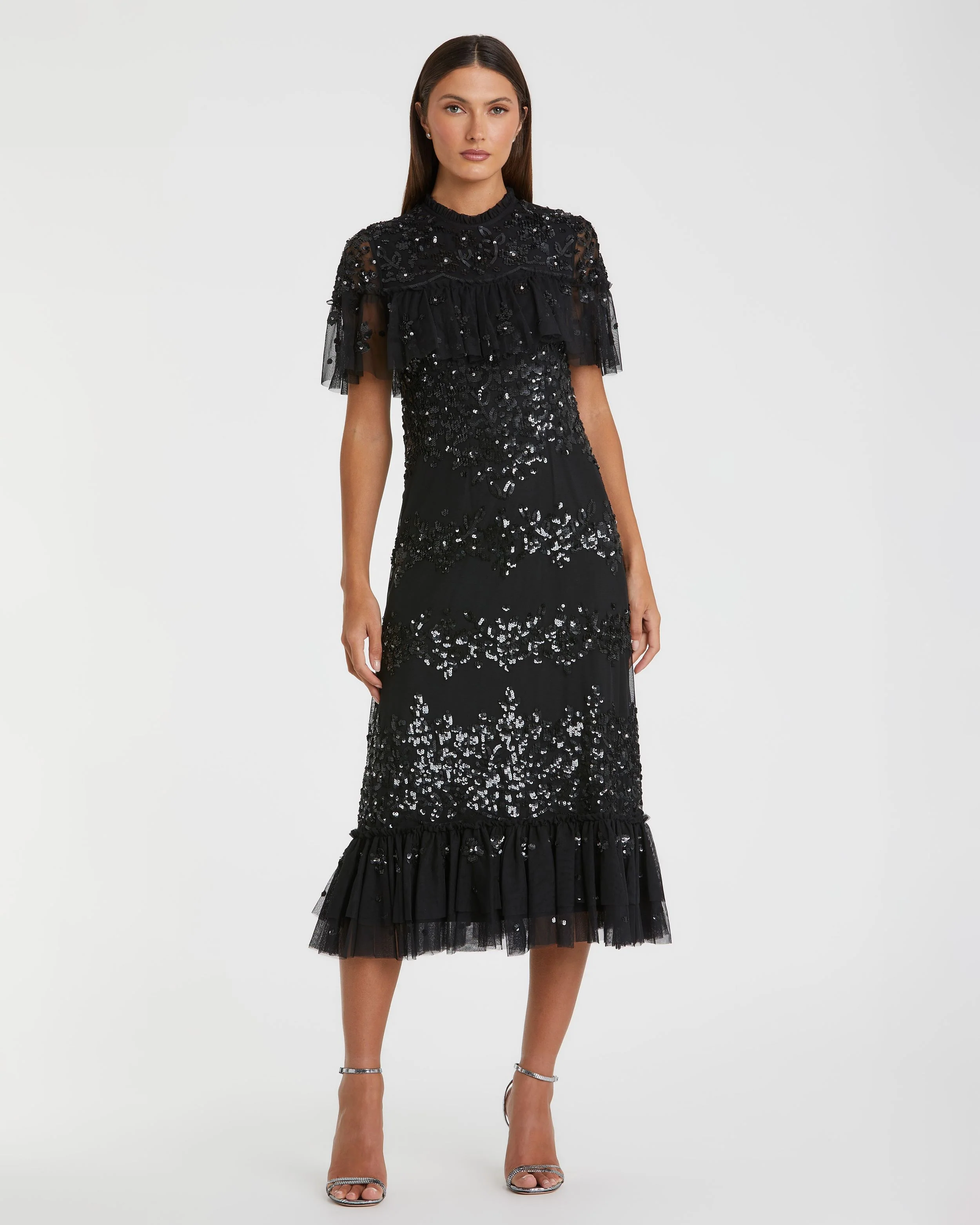Black Sequined High Neck Ruffled Flutter Sleeve Midi Dress