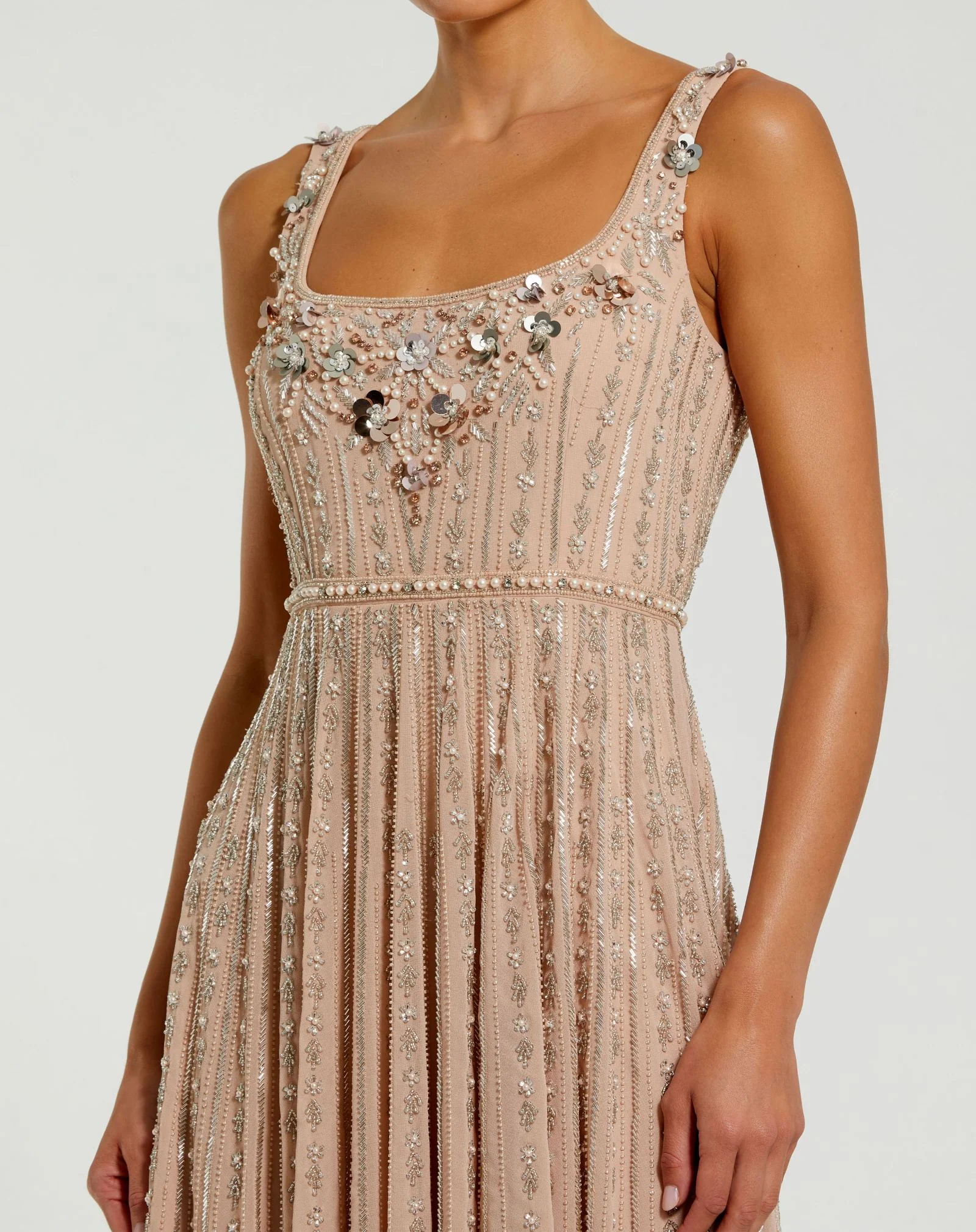 Pink Sleeveless Scoop Neck Beaded Georgette Midi Dress